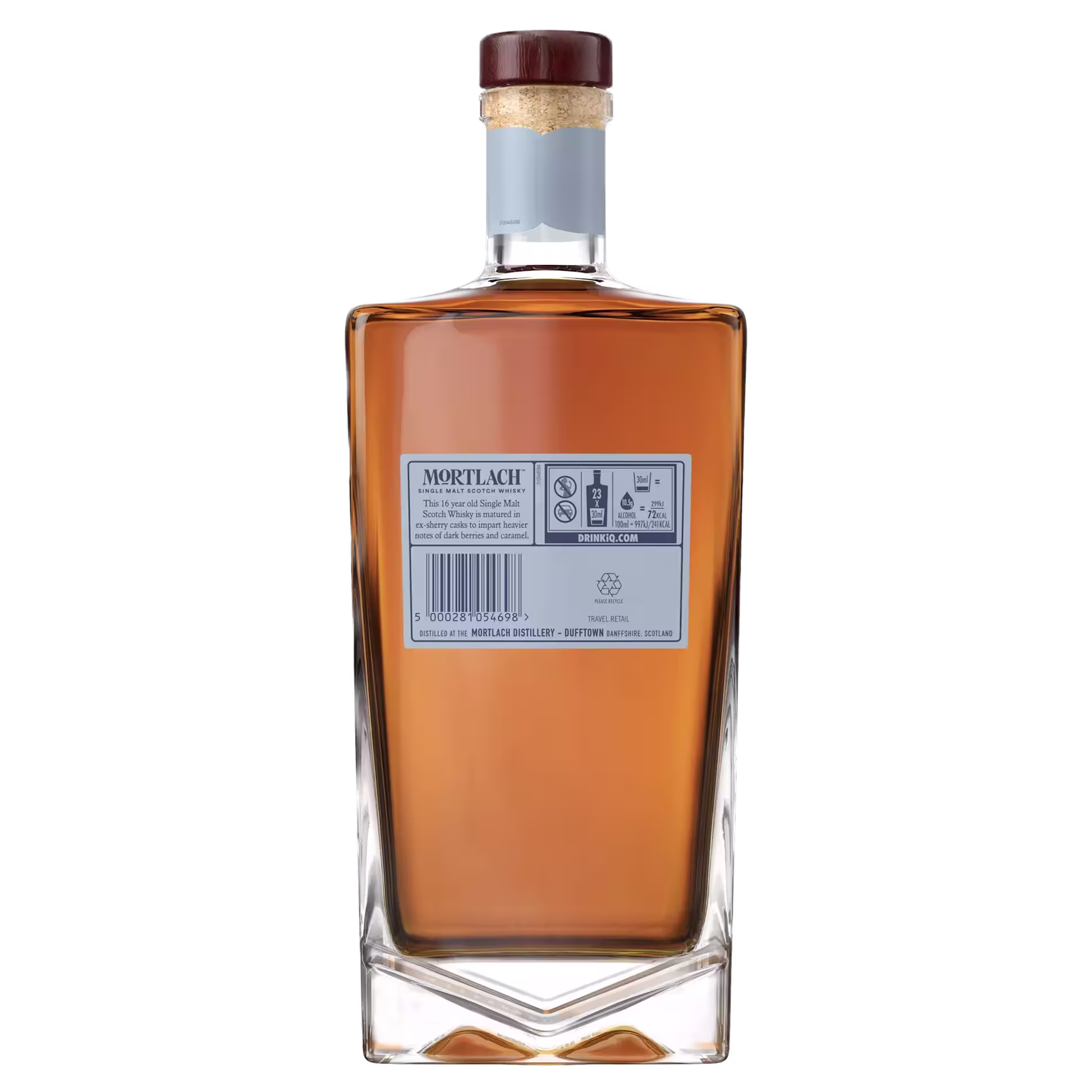 A bottle of Mortlach Scotch whisky shown from the back, displaying its label and filled with amber liquid.