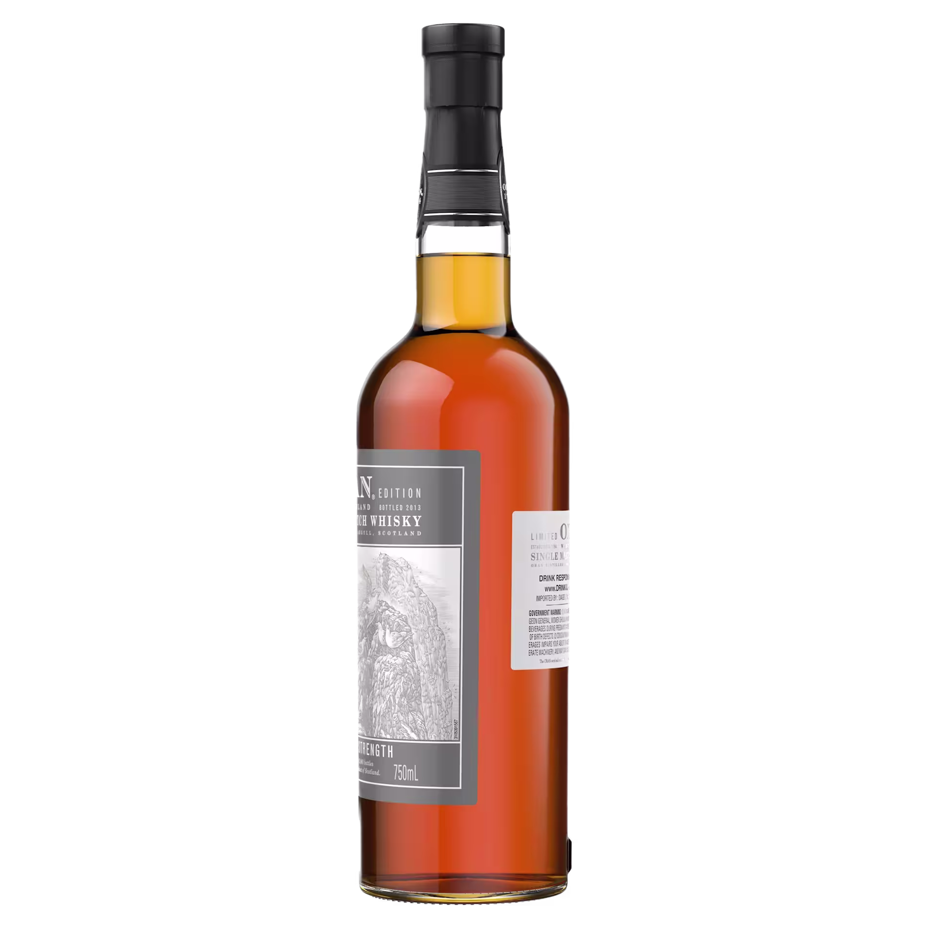 A 750ml bottle of whiskey with a dark cap and two labels, one with text and an illustration, displayed against a plain background.