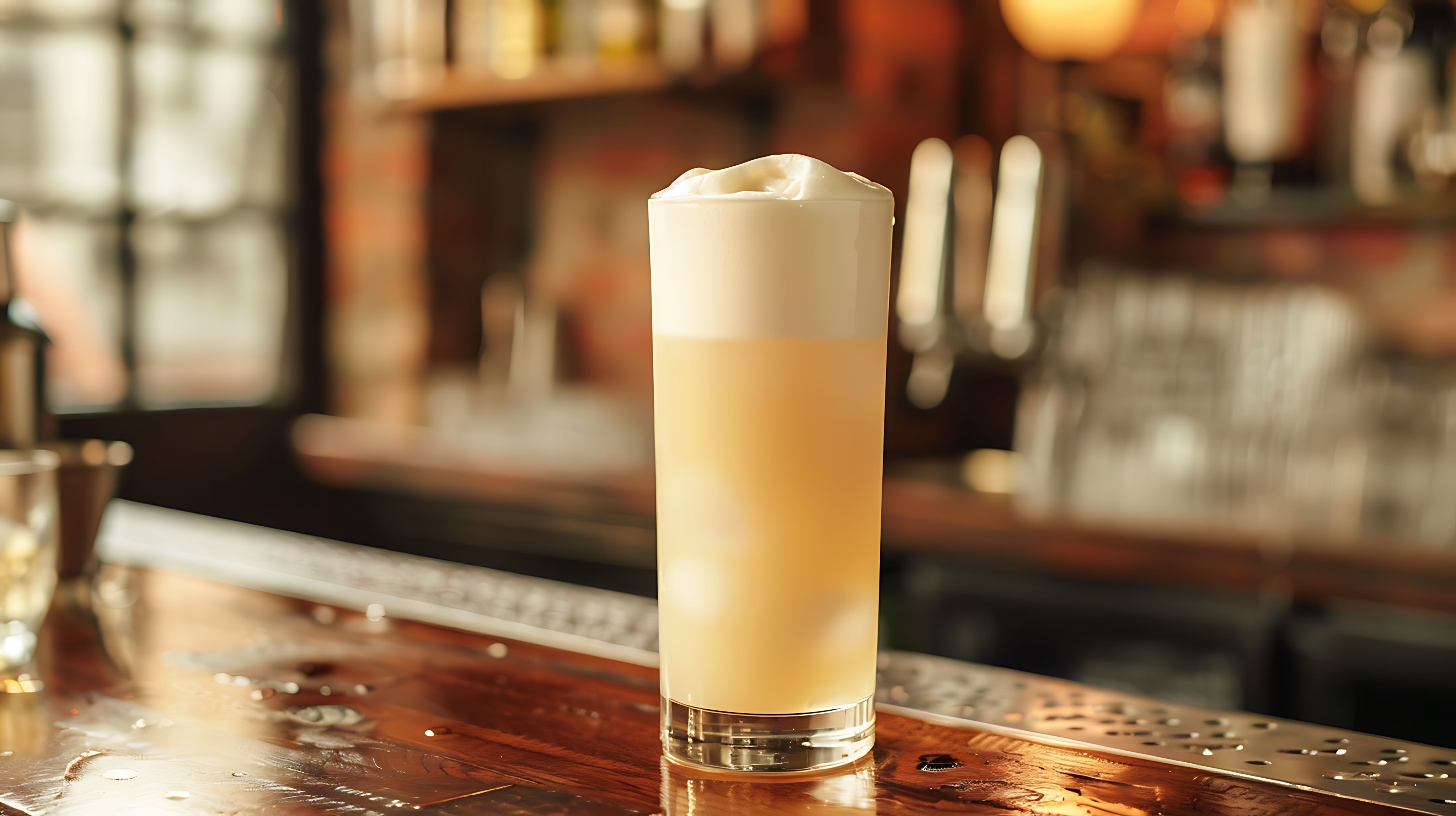 A Ramos Gin Fizz cocktail sits on a bar top
