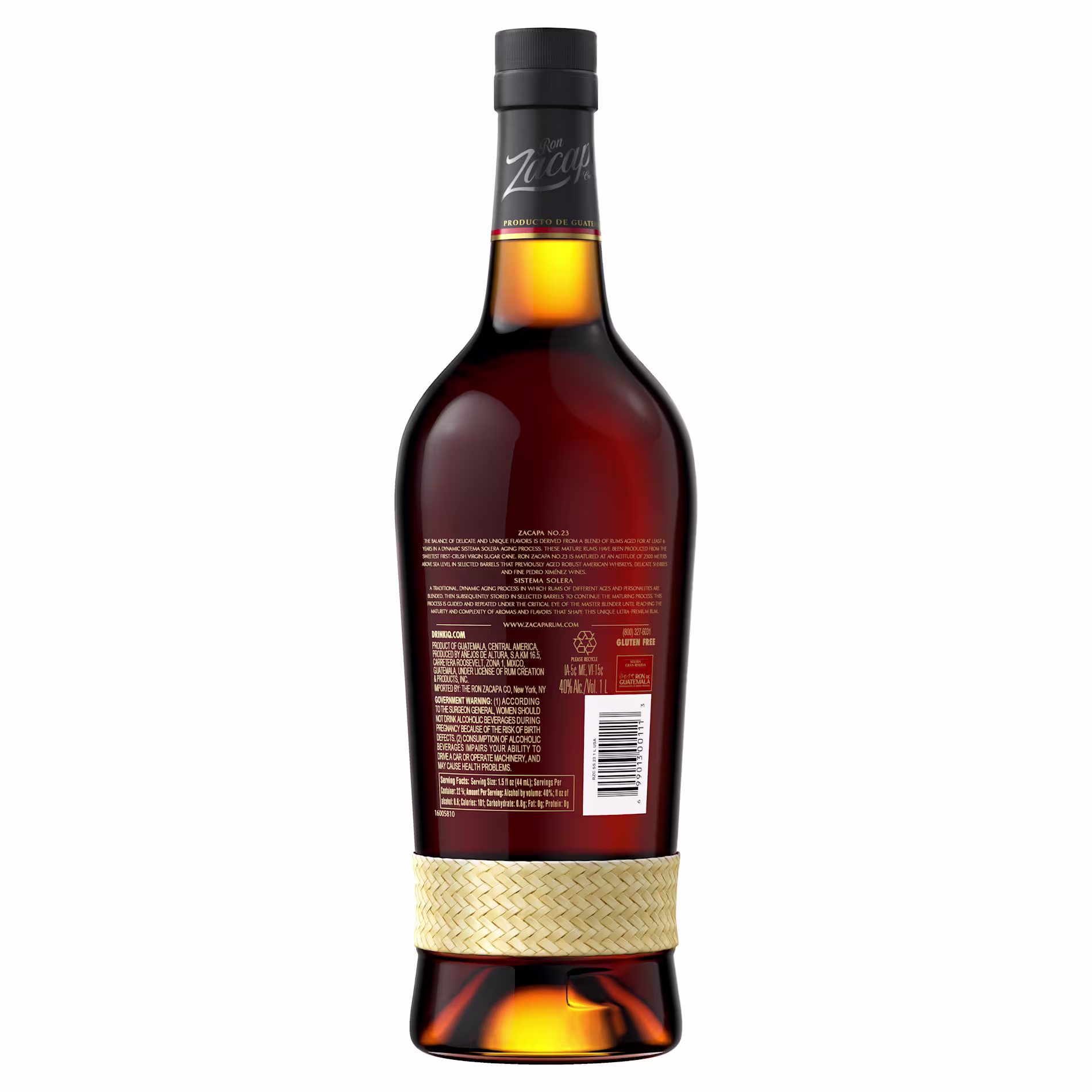 Back side of Ron Zacapa Centenario 23 Rum bottle