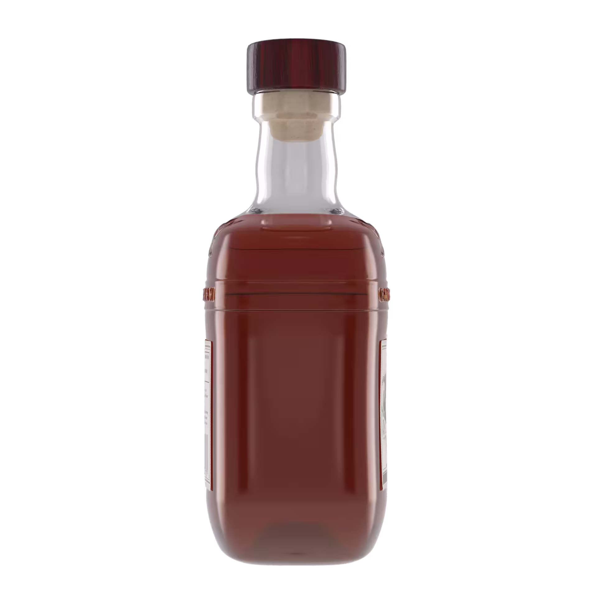 A clear glass bottle filled with brown liquid, sealed with a wooden cap and cork, shown against a plain black background.