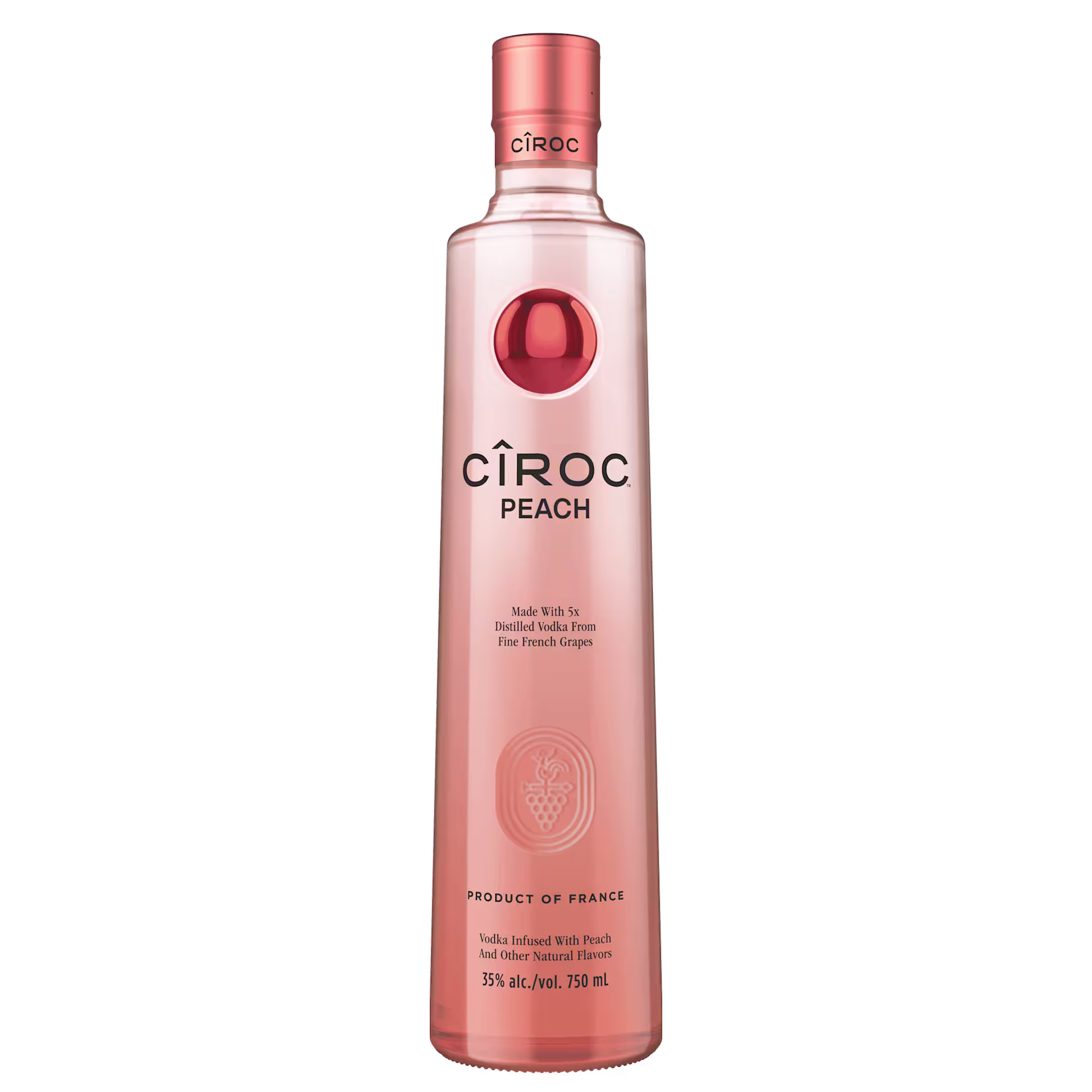 A 750 ml bottle of Ciroc Peach vodka, featuring a peach-colored label with black and gold text, and a round peach graphic near the top.