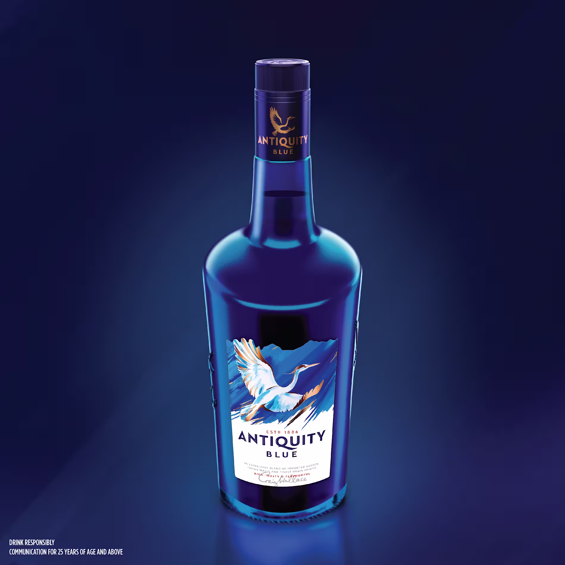 Antiquity Blue bottle on a blue blackground