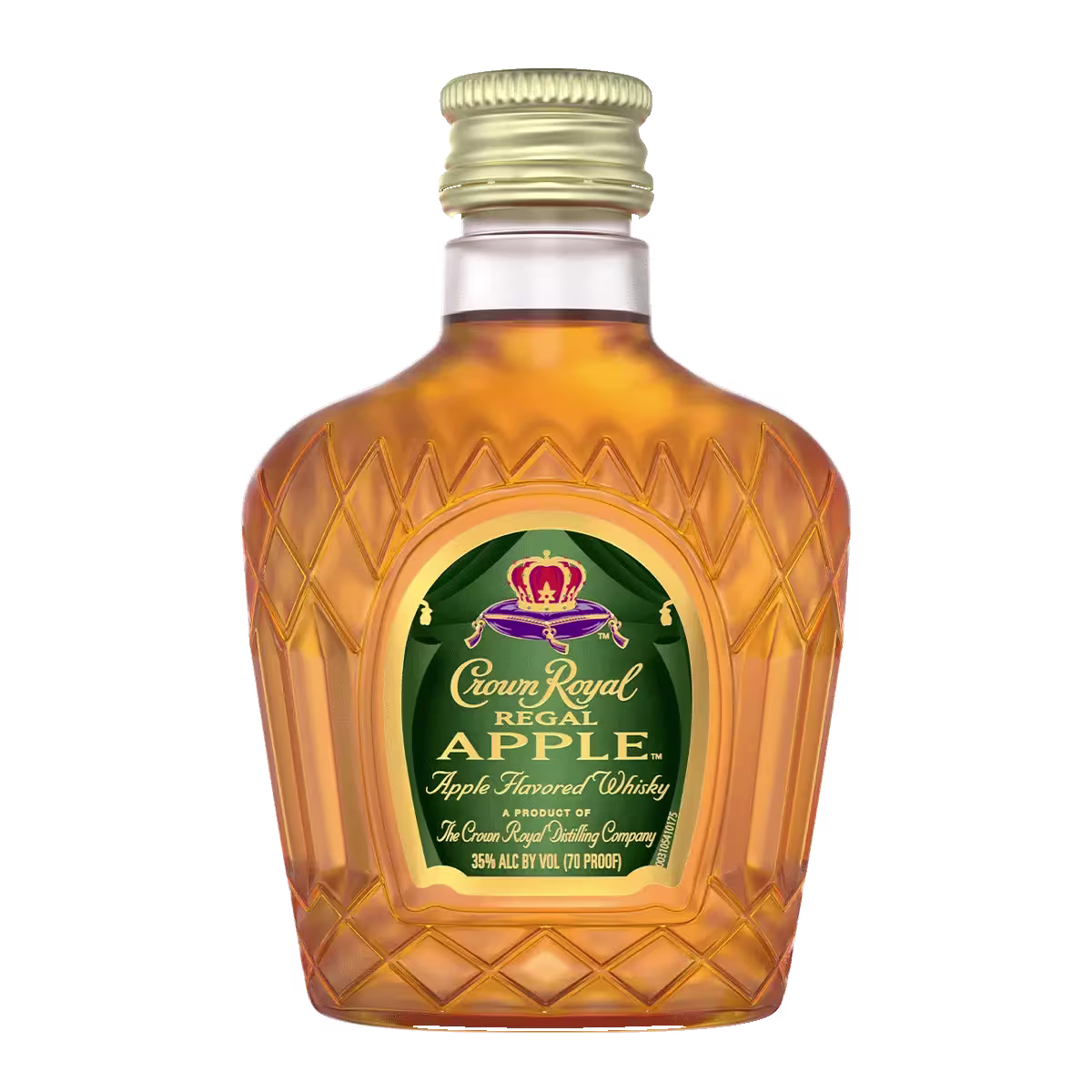 A bottle of Crown Royal Regal Apple, apple flavored whisky, with a green and gold label and diamond-patterned glass.