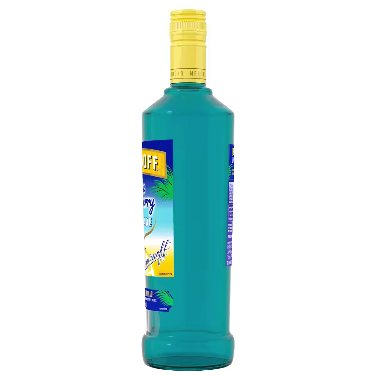 A blue bottle of Smirnoff Blue Raspberry Lemonade flavored vodka with a yellow cap and label, shown against a plain black background.