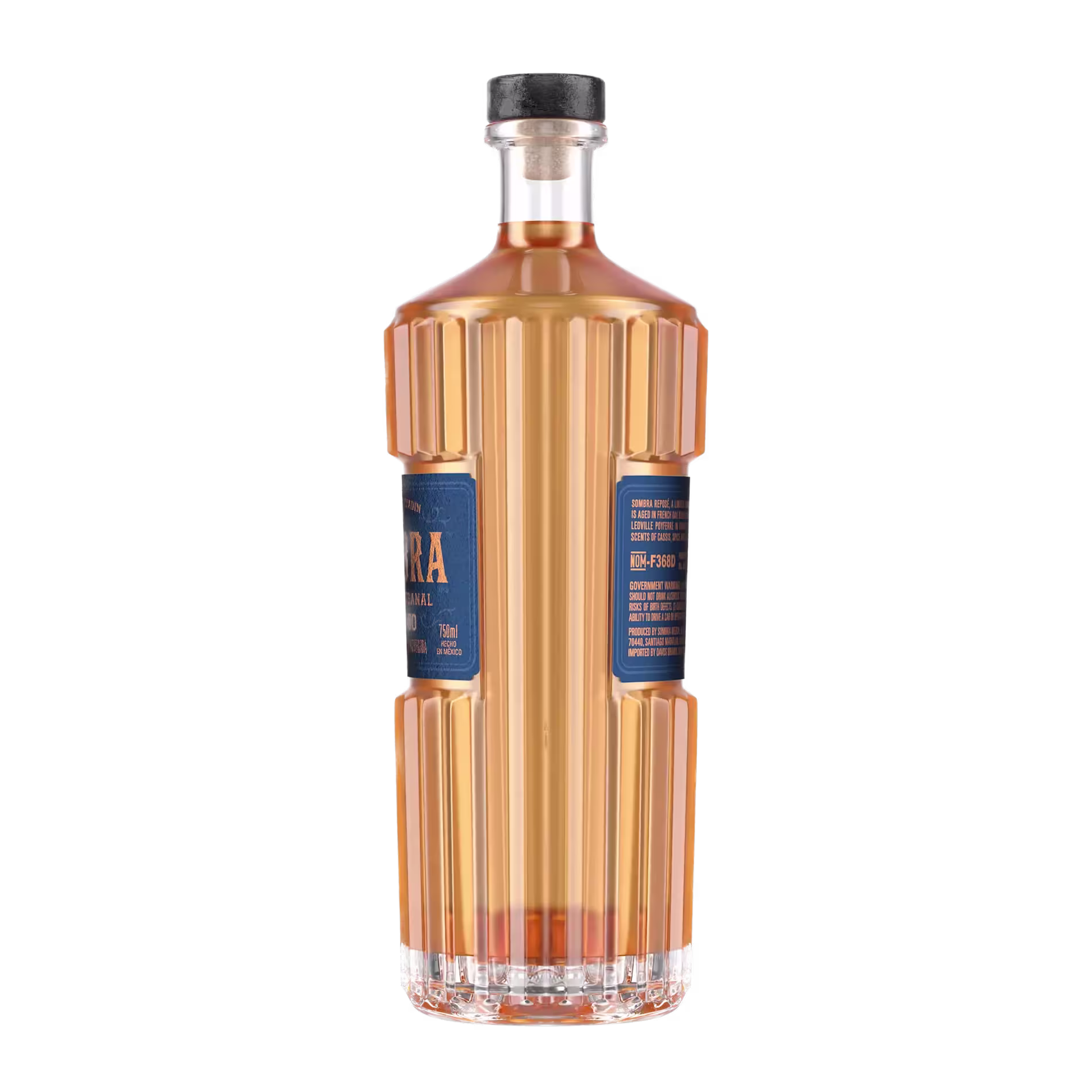 Tall, faceted glass bottle with amber liquid and dark blue labels, topped with a black cap, set against a plain background.