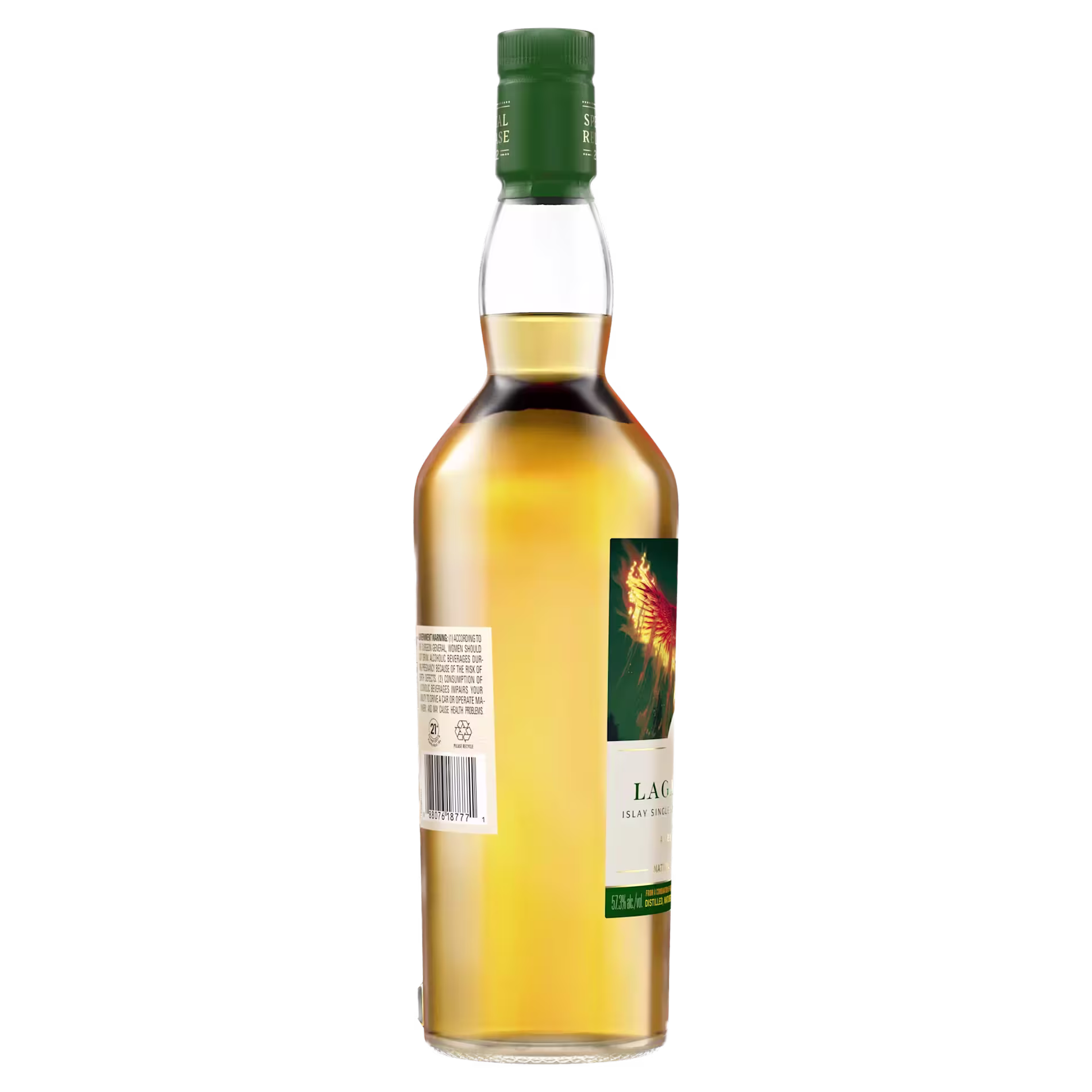 A clear glass bottle of whisky with a green cap, showing a partial label featuring a lion and a barcode on the side, set against a plain background.