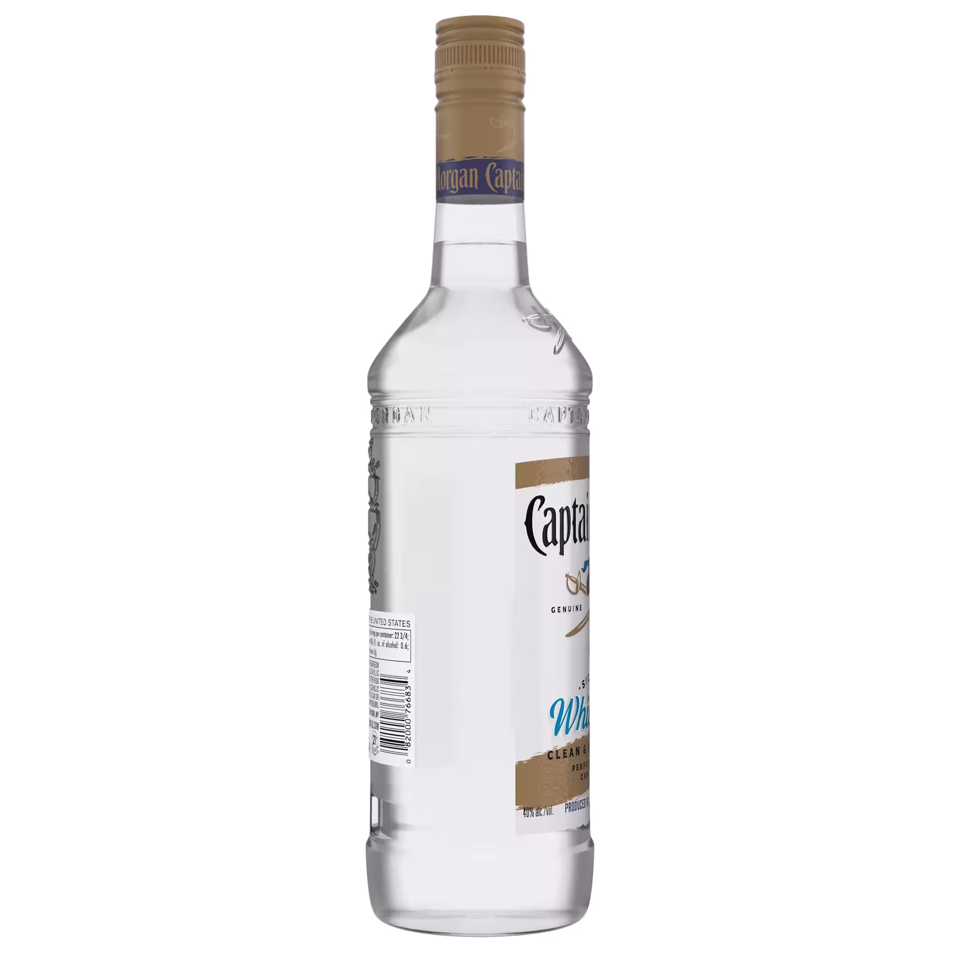 A clear glass bottle of Captain Morgan White Rum with a gold cap and partially visible label, photographed against a white background.