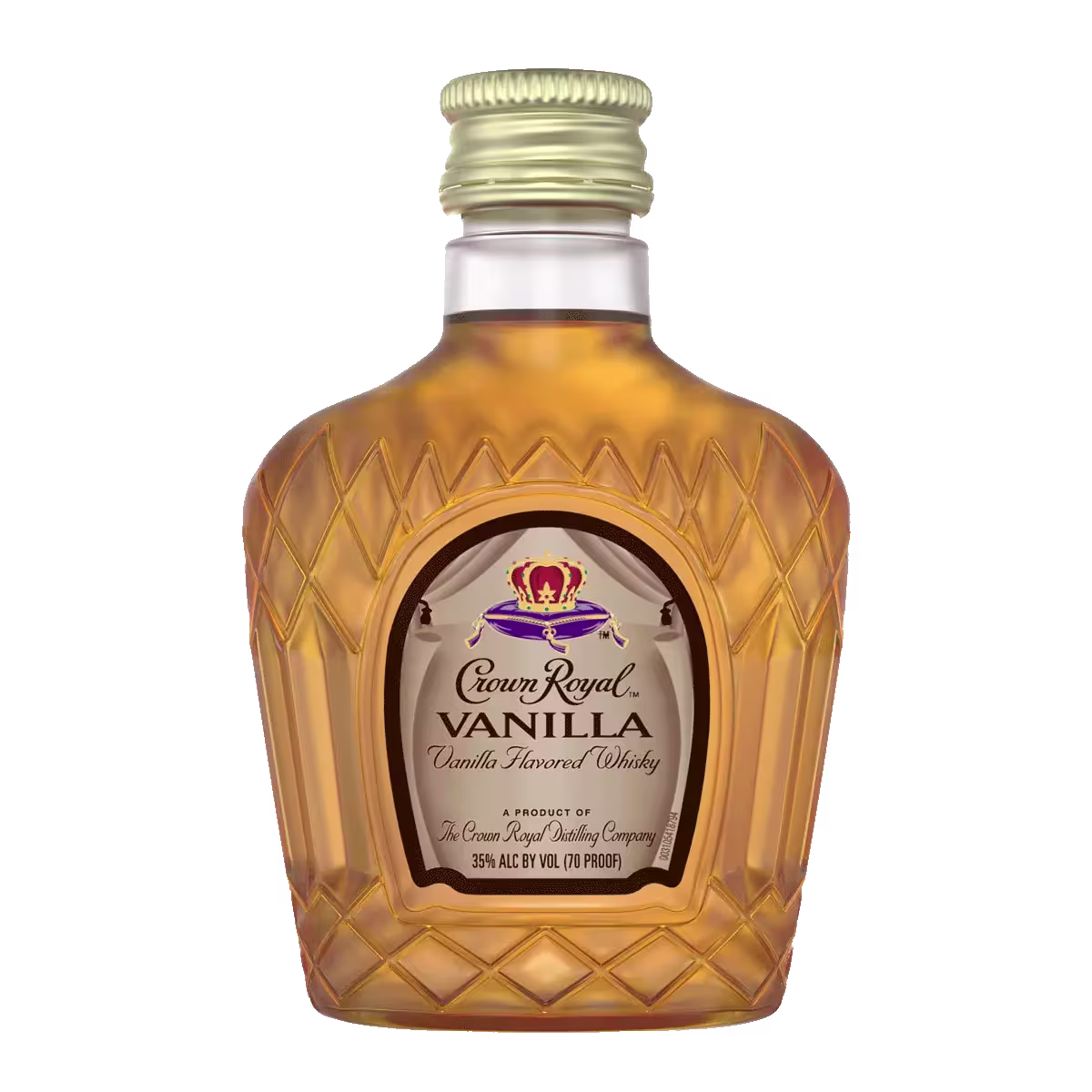 A bottle of Crown Royal Vanilla, a vanilla-flavored whisky, with a gold cap and decorative textured glass design.