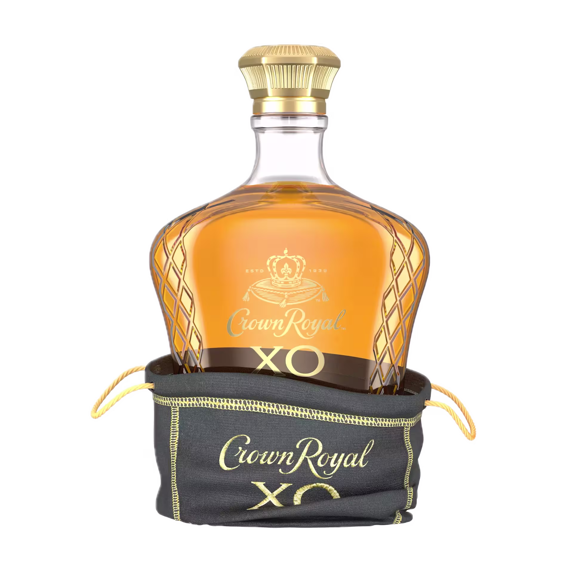 A bottle of Crown Royal XO Canadian whisky in a decorative gold and gray fabric bag, displayed against a plain background.