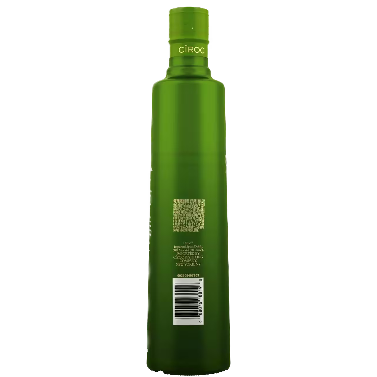 Green Ciroc bottle standing upright, viewed from the back, showing the label and barcode, against a plain black background.