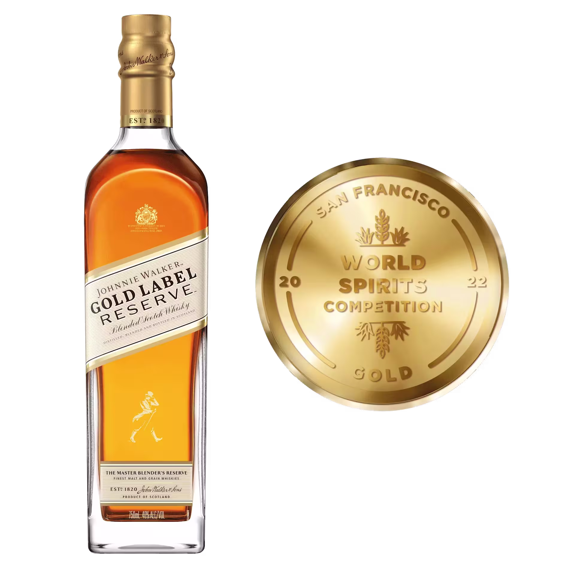 A bottle of Johnnie Walker Gold Label Reserve whisky next to a 2022 San Francisco World Spirits Competition gold medal.