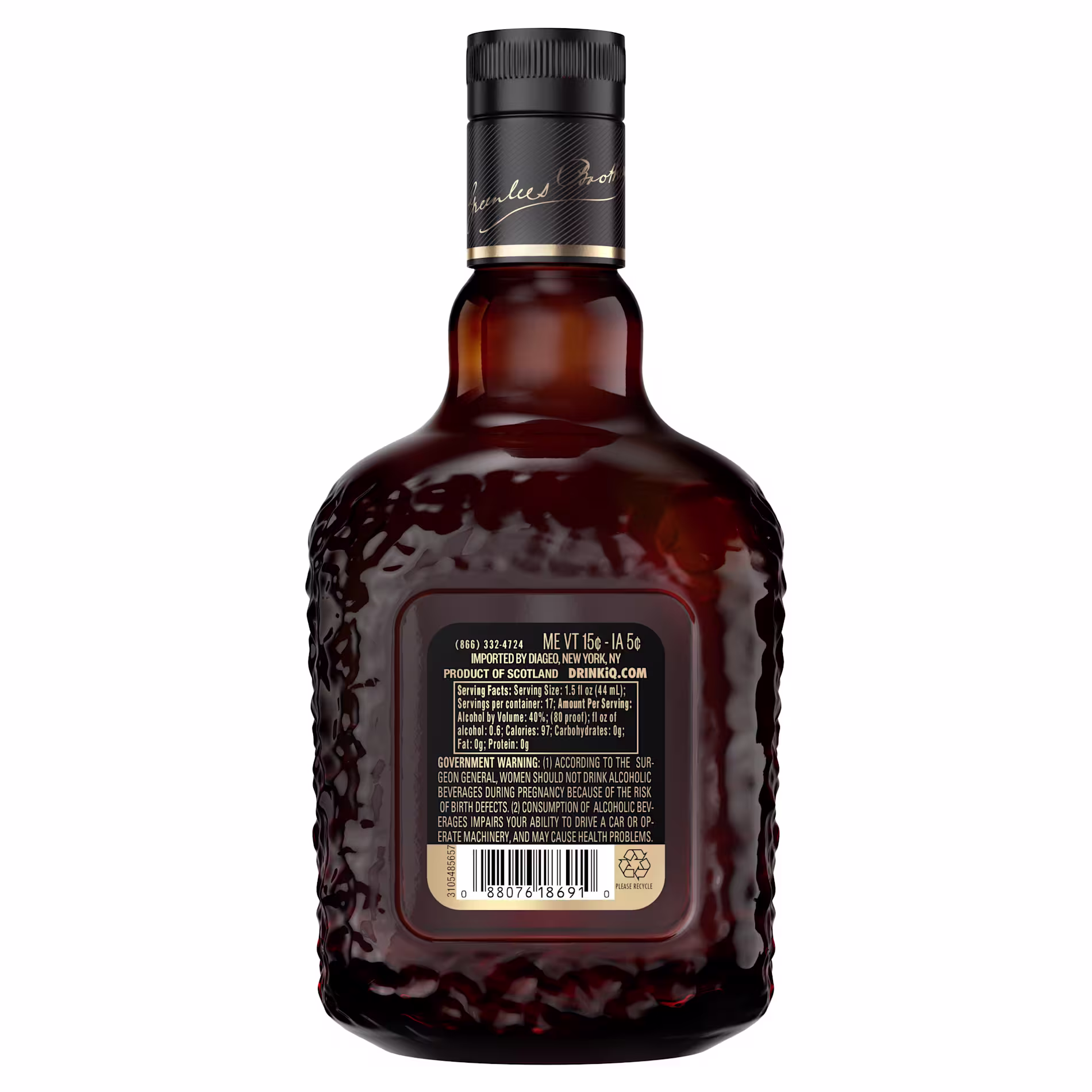 Back side of Old Parr Aged 18 Years Blended Scotch Whisky bottle