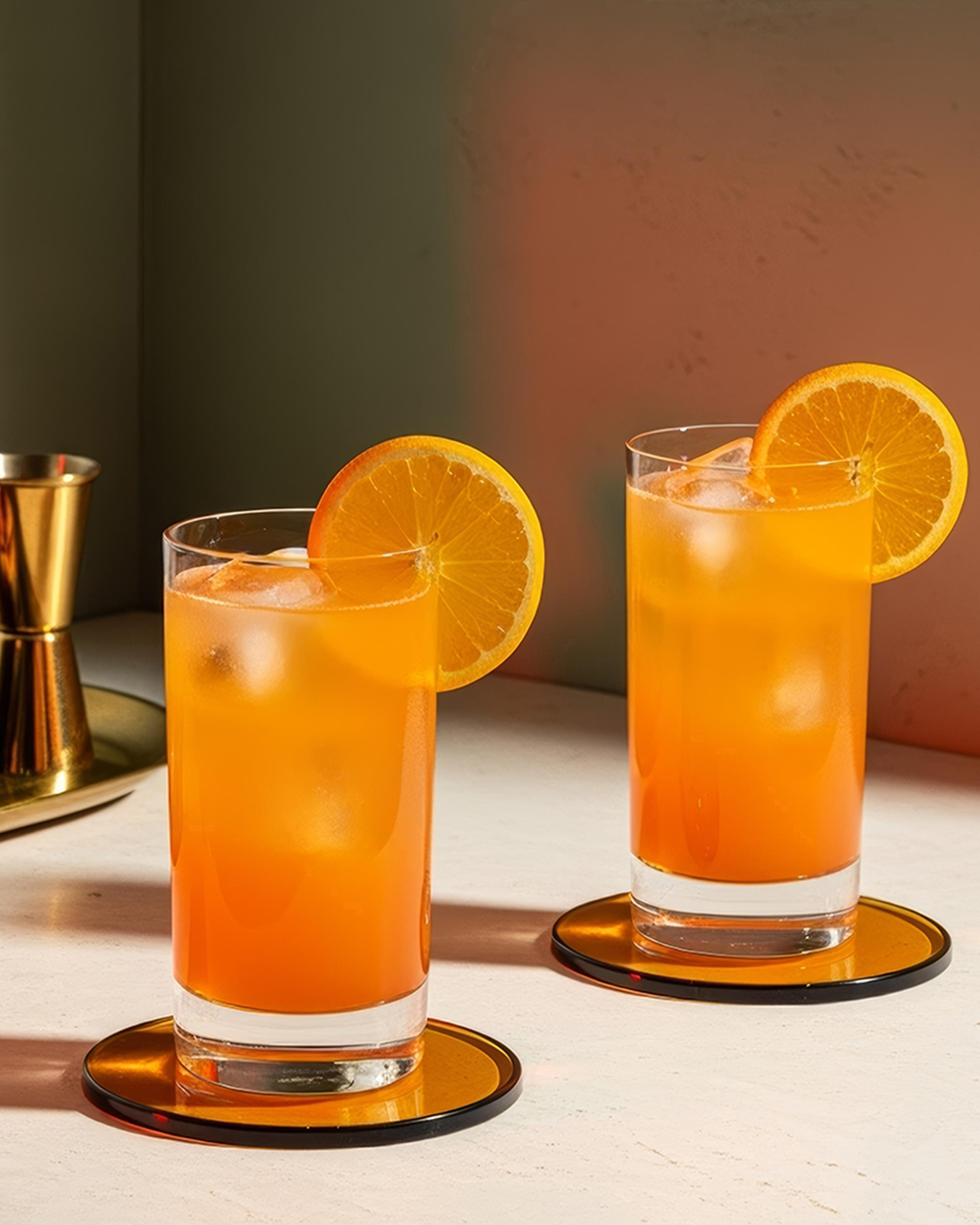 Dos cócteles Harvey Wallbanger con guarnición de rueda de naranja.