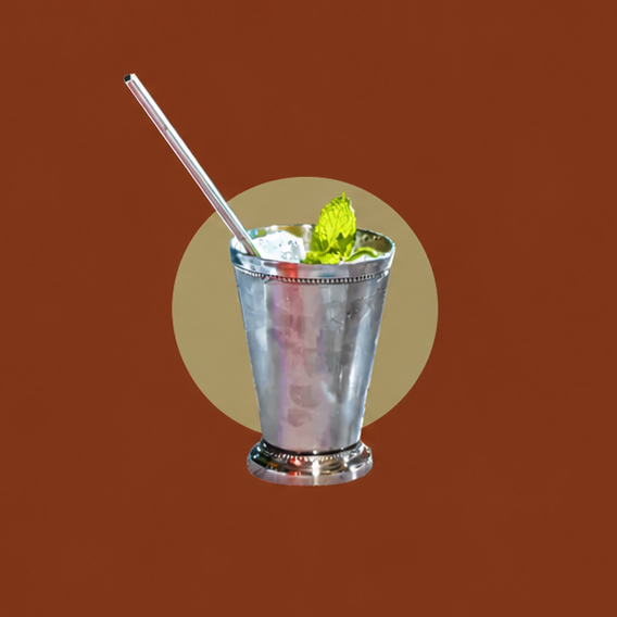 A silver copper mug with a metal straw, mint garnish, and ice, shown with a list of drinks its used for: Moscow mule, mint julep, grayhound, mulled wine, hot toddy.