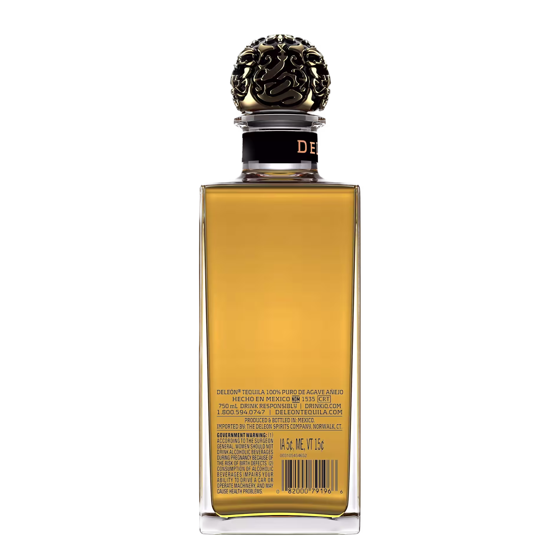 A rectangular bottle of Delosé Tequila Añejo with a gold cap featuring a decorative design, shown with the back label visible.