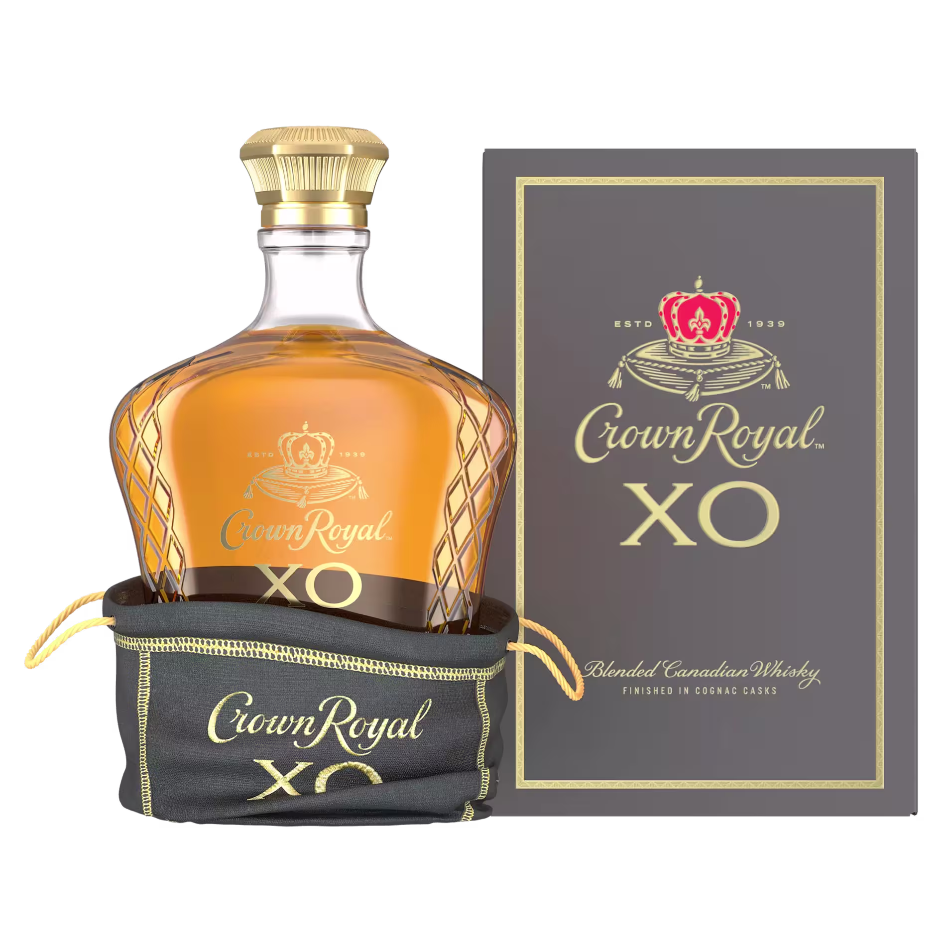 A bottle of Crown Royal XO Canadian whisky in a fabric pouch is displayed next to its matching branded box.