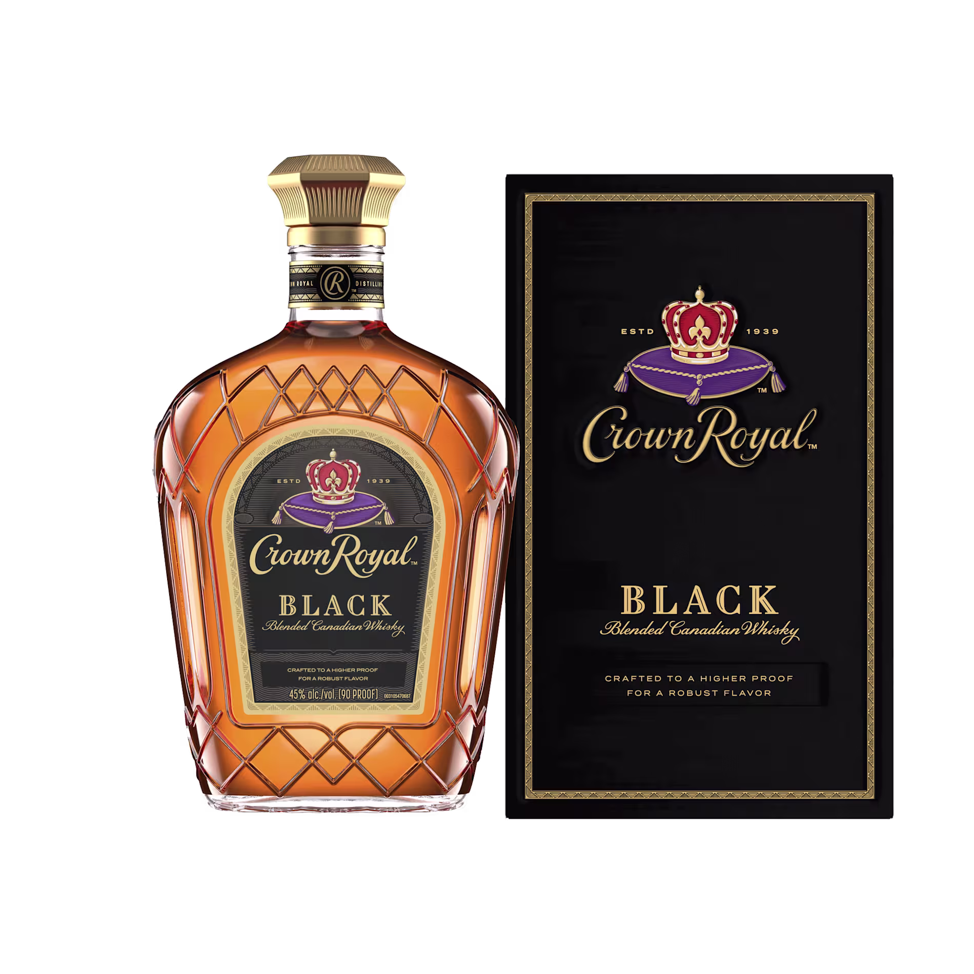 A bottle of Crown Royal Black Blended Canadian Whisky stands next to its black and gold box packaging, both featuring the Crown Royal logo and branding.