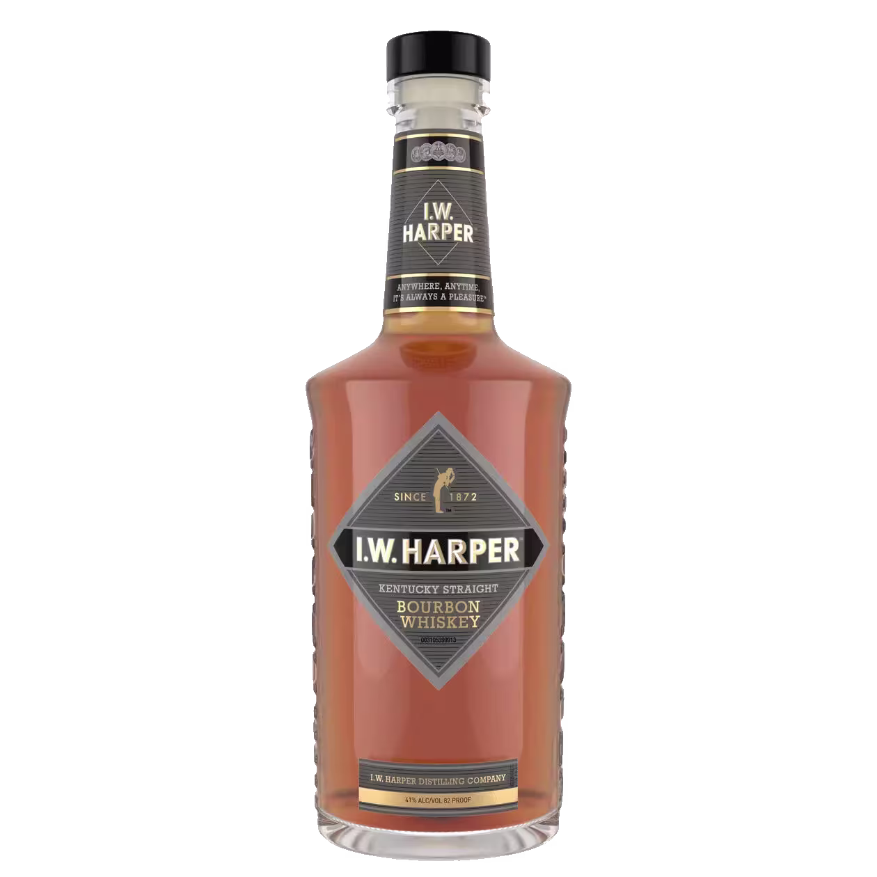A bottle of I.W. Harper Kentucky Straight Bourbon Whiskey with a black and gold label against a plain background.