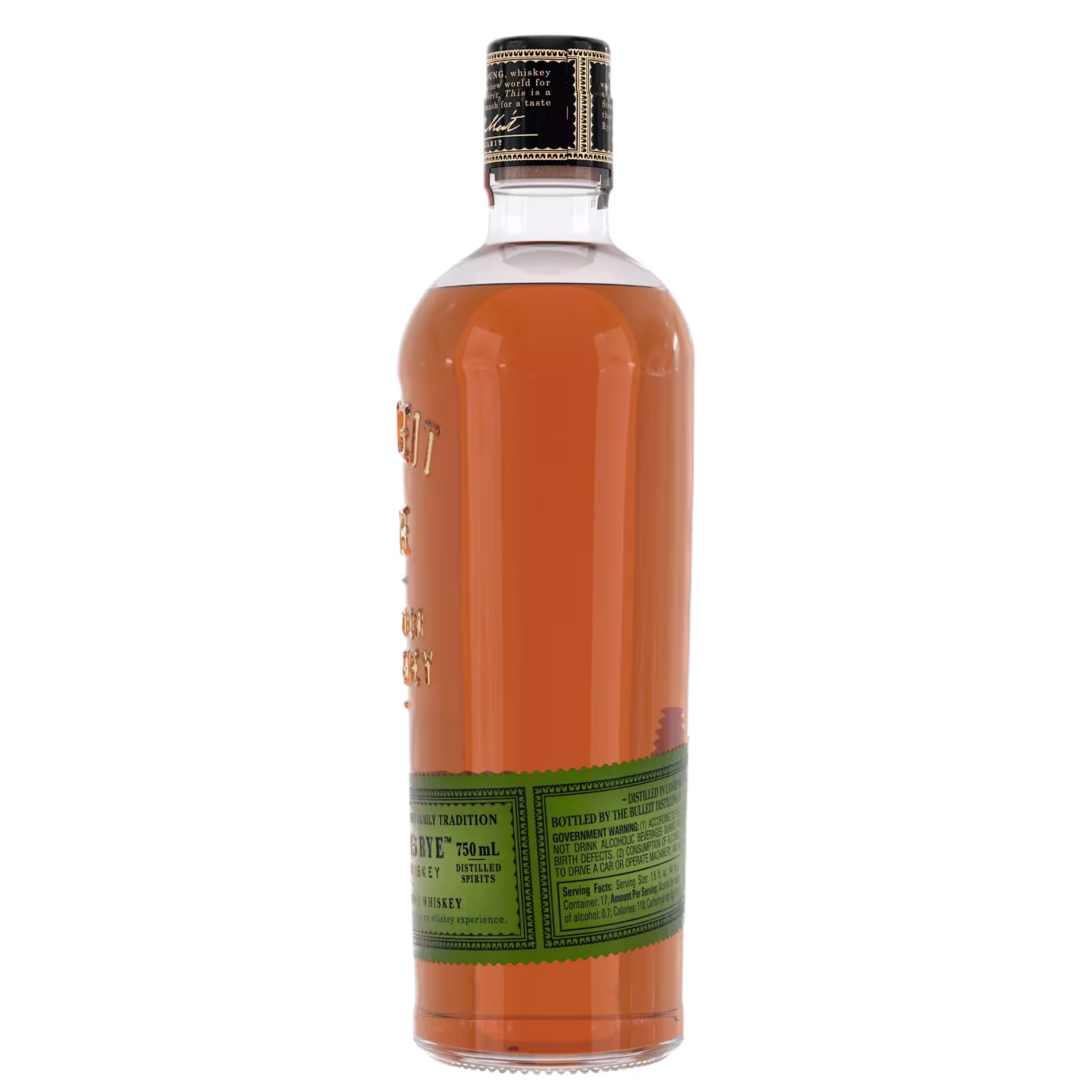 A glass bottle of whiskey with a green label around the lower part and a black cap, shown from a side angle against a plain background.