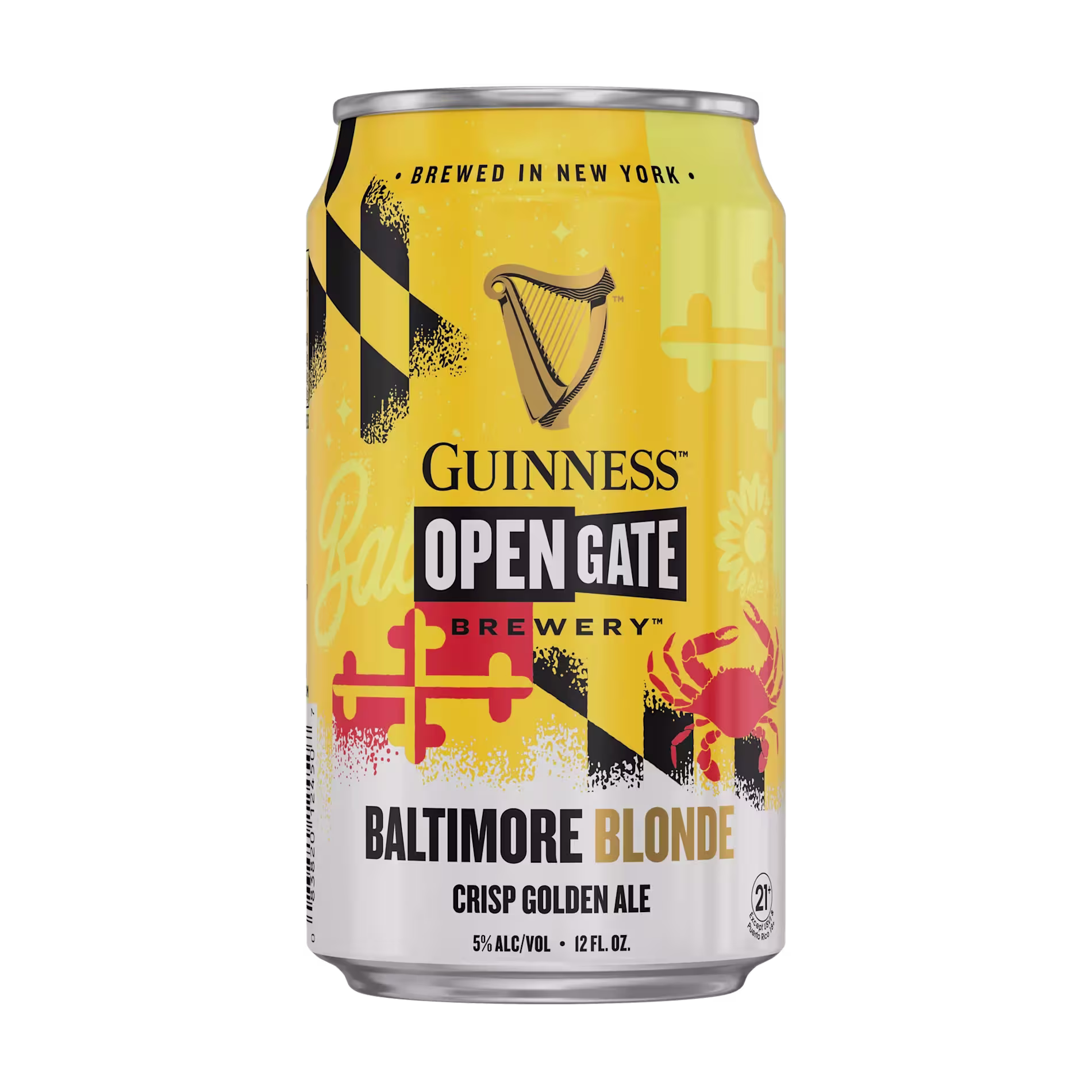 A yellow 12 oz can of Guinness Open Gate Brewery Baltimore Blonde crisp golden ale, featuring Maryland flag elements and a red crab illustration.