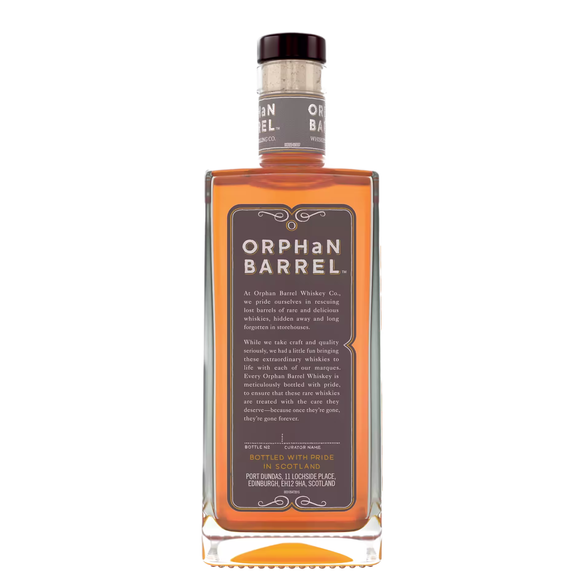 Rectangular bottle of Orphan Barrel whiskey with a dark label and clear cap, displaying amber-colored liquid inside. Text on the label describes the whiskey and distillery location.