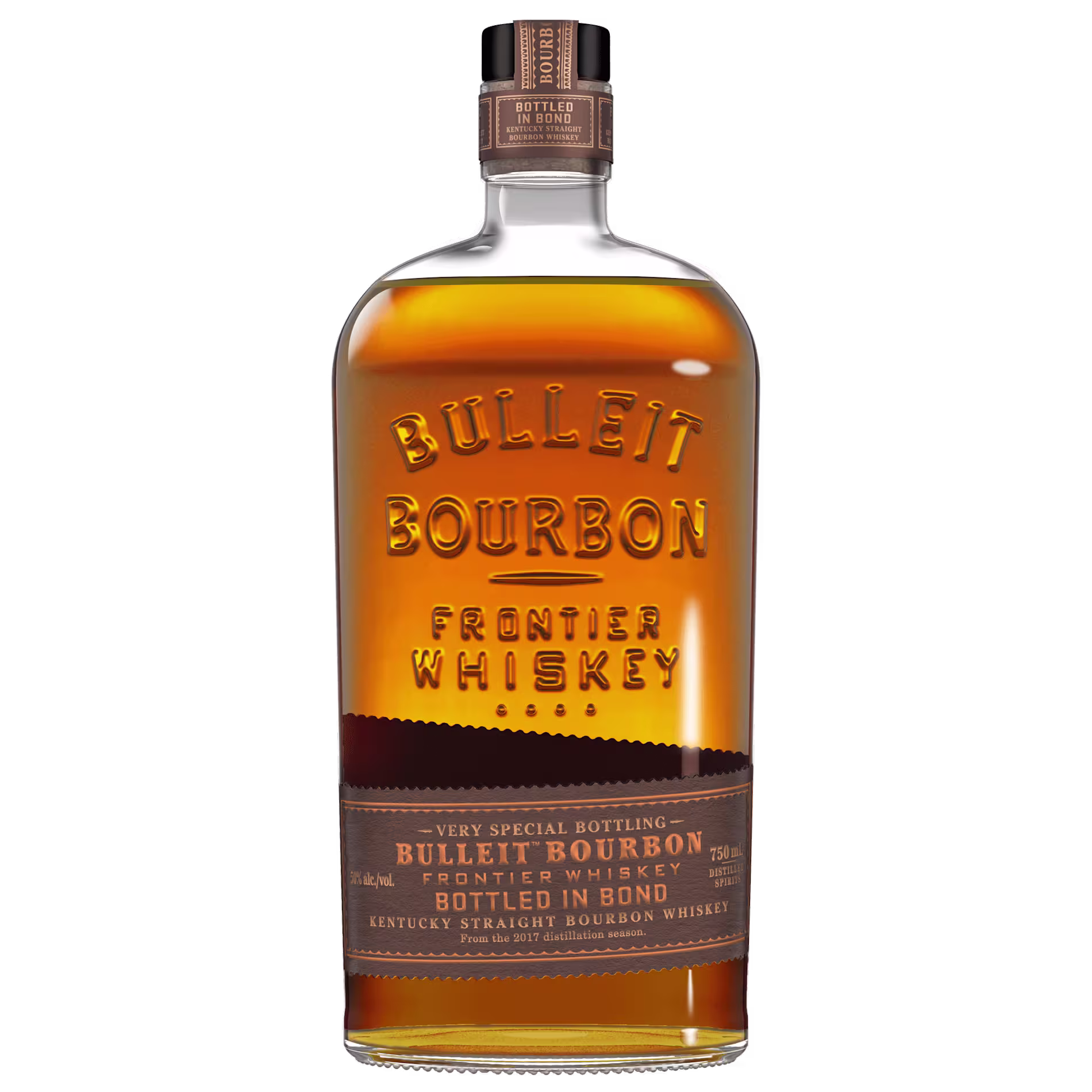 A bottle of Bulleit Bourbon Frontier Whiskey with an amber liquid and embossed label, featuring Bottled in Bond text on the label.