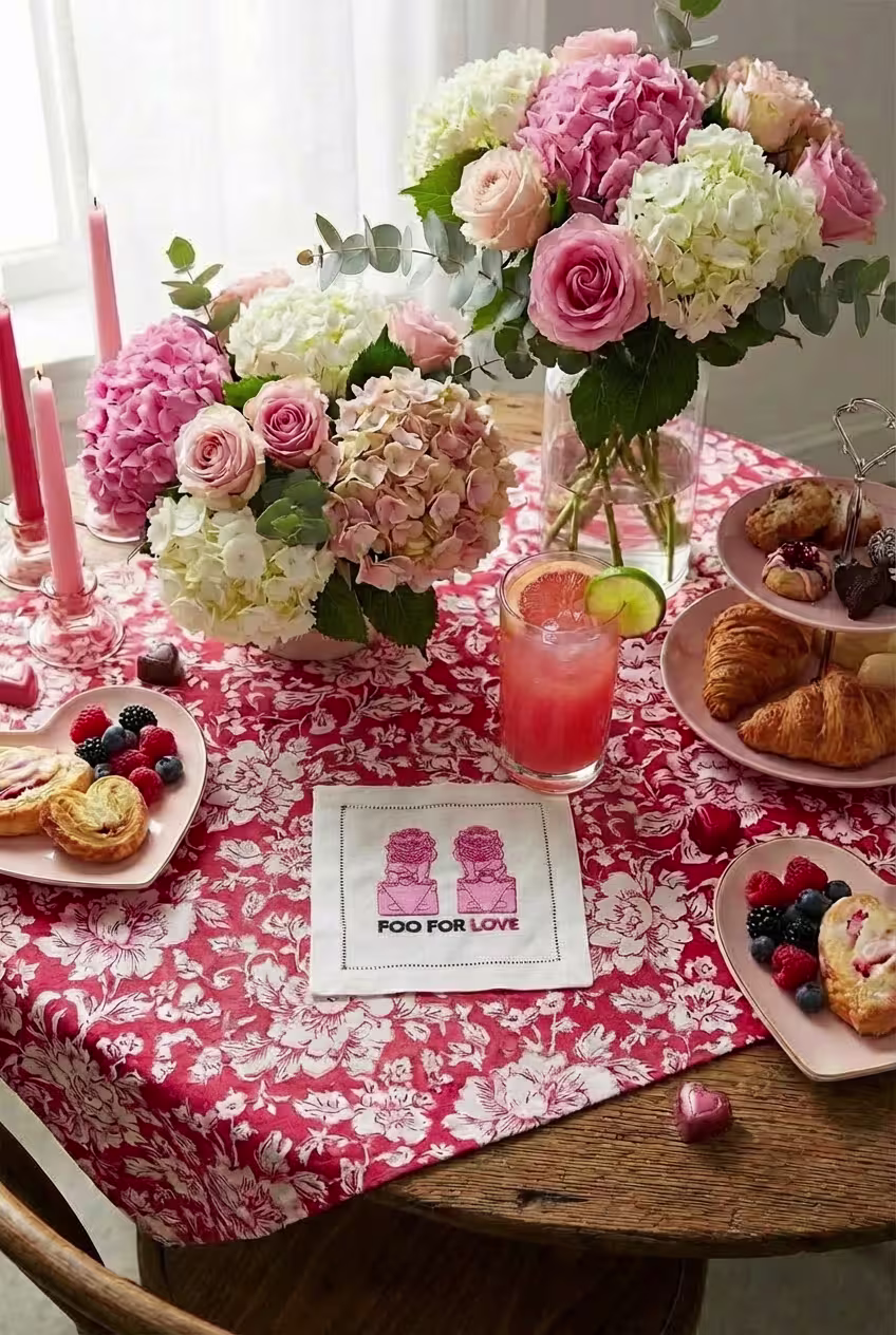 A round table with a pink floral tablecloth, vases of pink and white flowers, pink candles, pastries, berries, a pink drink, and a napkin that reads FOO FOR LOVE.