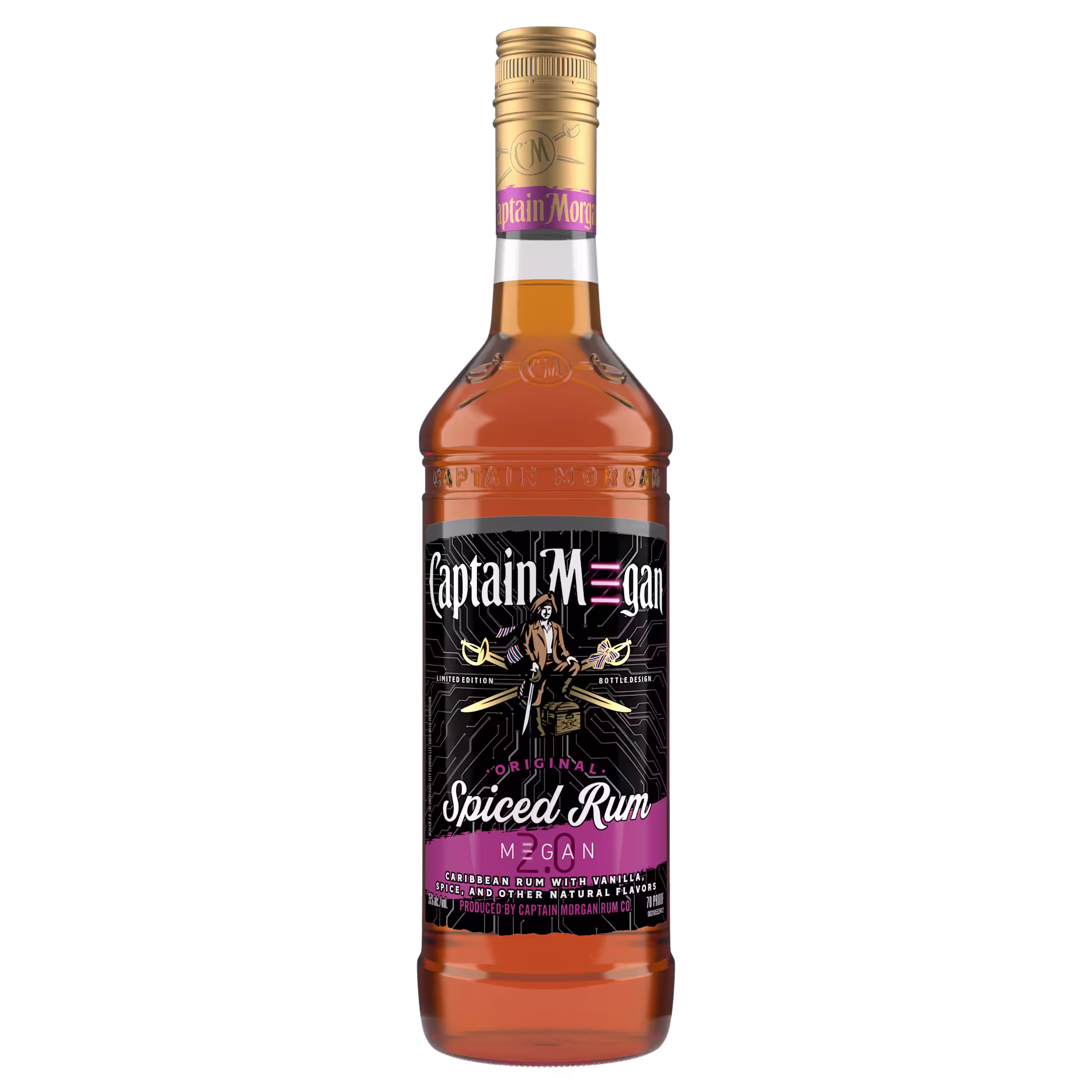 A bottle of Captain Morgan Original Spiced Rum with a special label featuring the name Megan in pink.