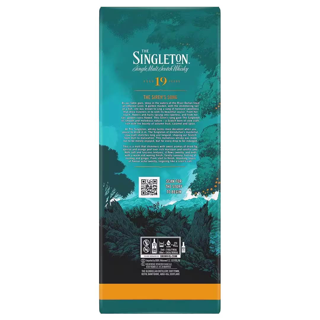 A rectangular box of The Singleton 19 Year Old single malt Scotch whisky, featuring teal and orange artwork with product details, a QR code, and icons on the back.