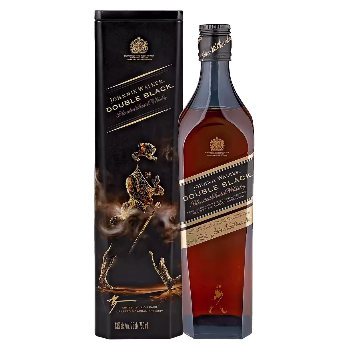 Johnnie Walker Double Black Blended Scotch Whisky bottle and its black and gold limited edition packaging are shown side by side.