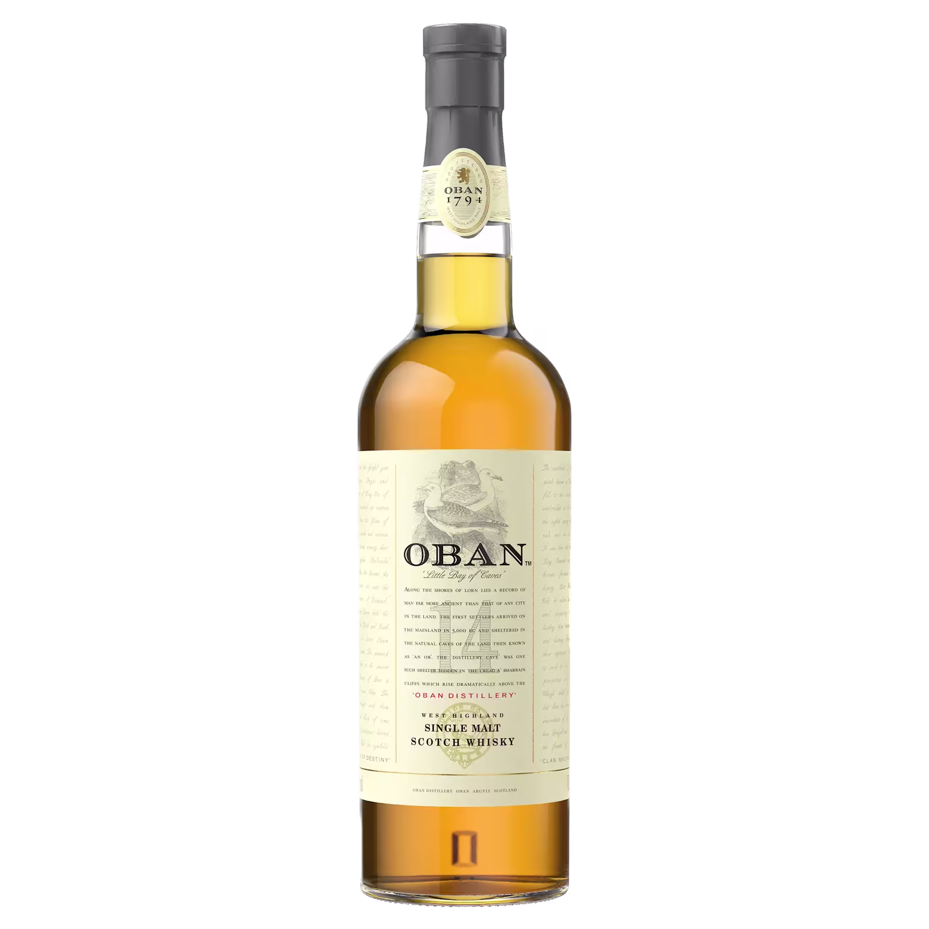 A bottle of Oban Single Malt Scotch Whisky with a beige label and black cap, displayed upright against a plain background.