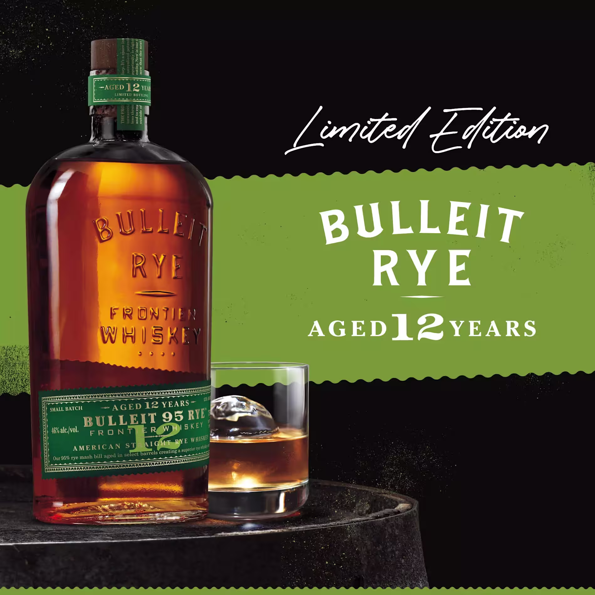 A bottle of Bulleit Rye Frontier Whiskey aged 12 years stands next to a glass of whiskey with ice; Limited Edition is written above the product name.