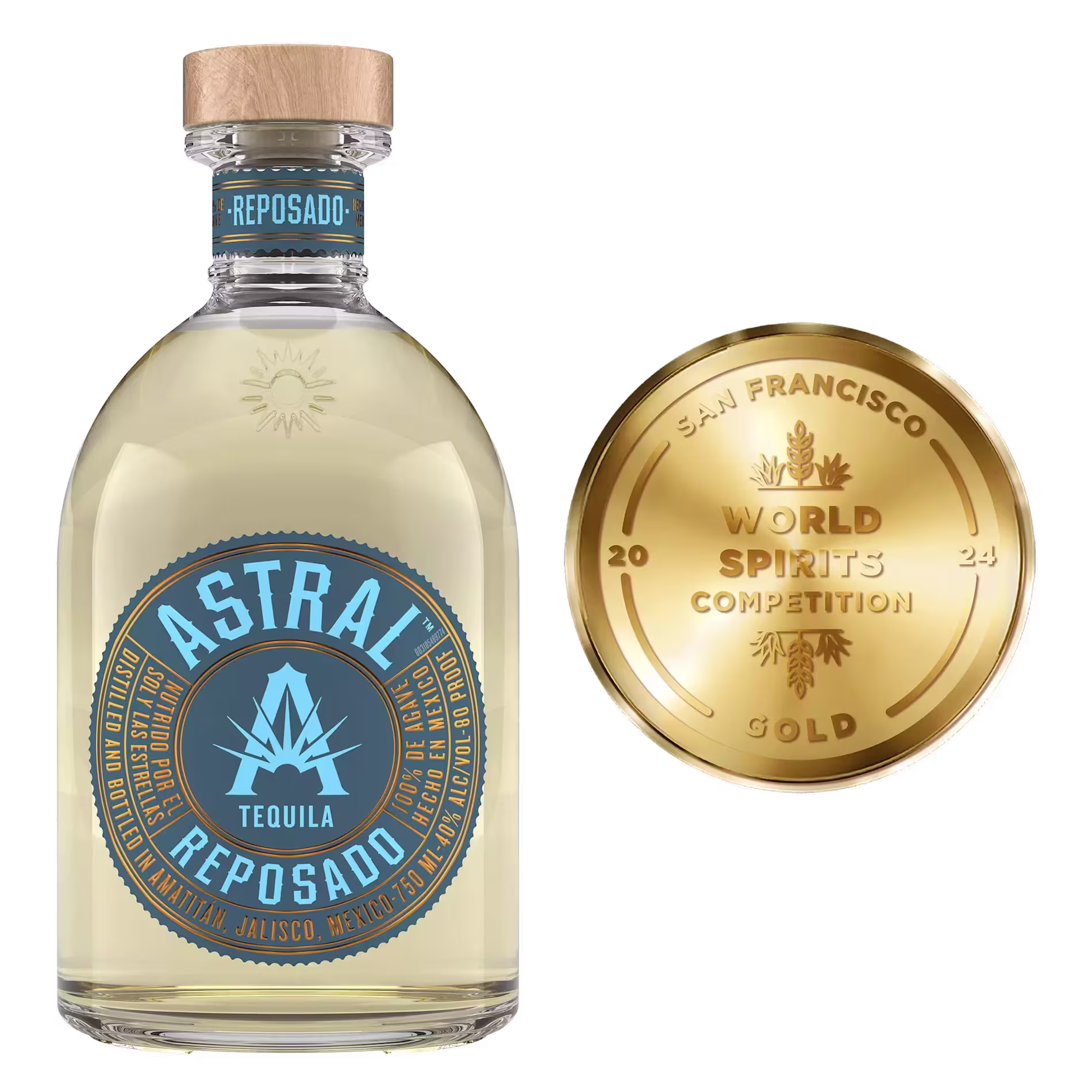 A bottle of Astral Reposado Tequila next to a gold medal labeled “San Francisco World Spirits Competition 2024 Gold.”.