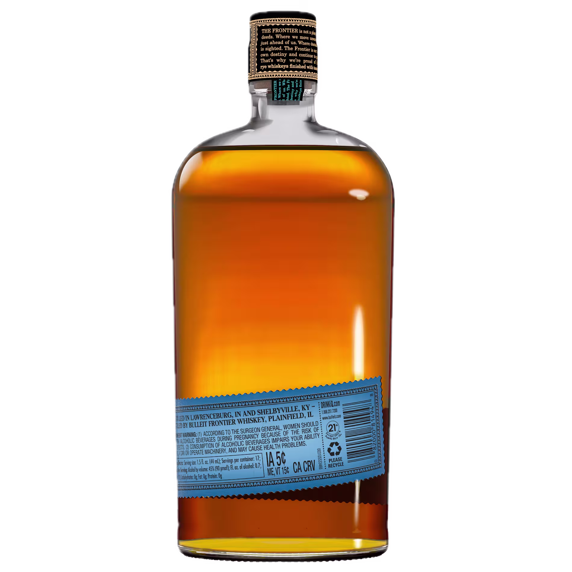 Back view of a 750 mL bottle of Bulleit ’87 Frontier Whiskey filled with amber-colored whiskey. The bottle features a light blue back label with product information, alcohol content, recycling details, and a barcode on a light gray background.