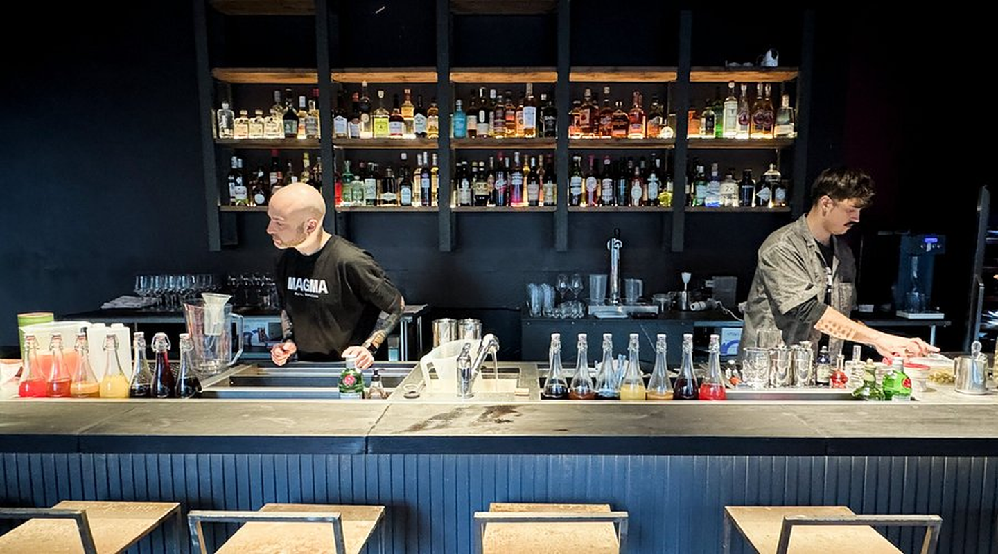 La imagen muestra a dos bartenders trabajando en la barra de un bar, con botellas de licor y utensilios de coctelería en la estantería detrás. El ambiente es moderno y ordenado.