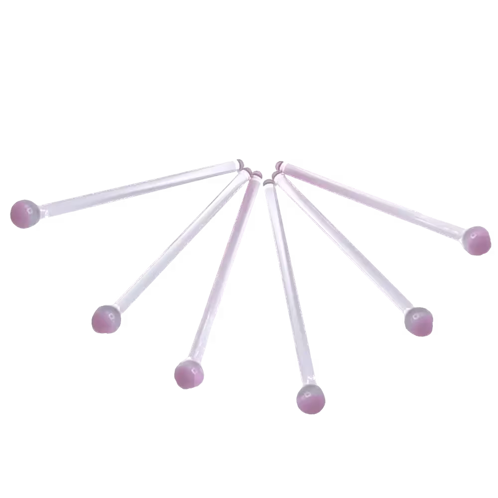Six white swabs with pink sponge tips are arranged in a fan shape on a plain background.