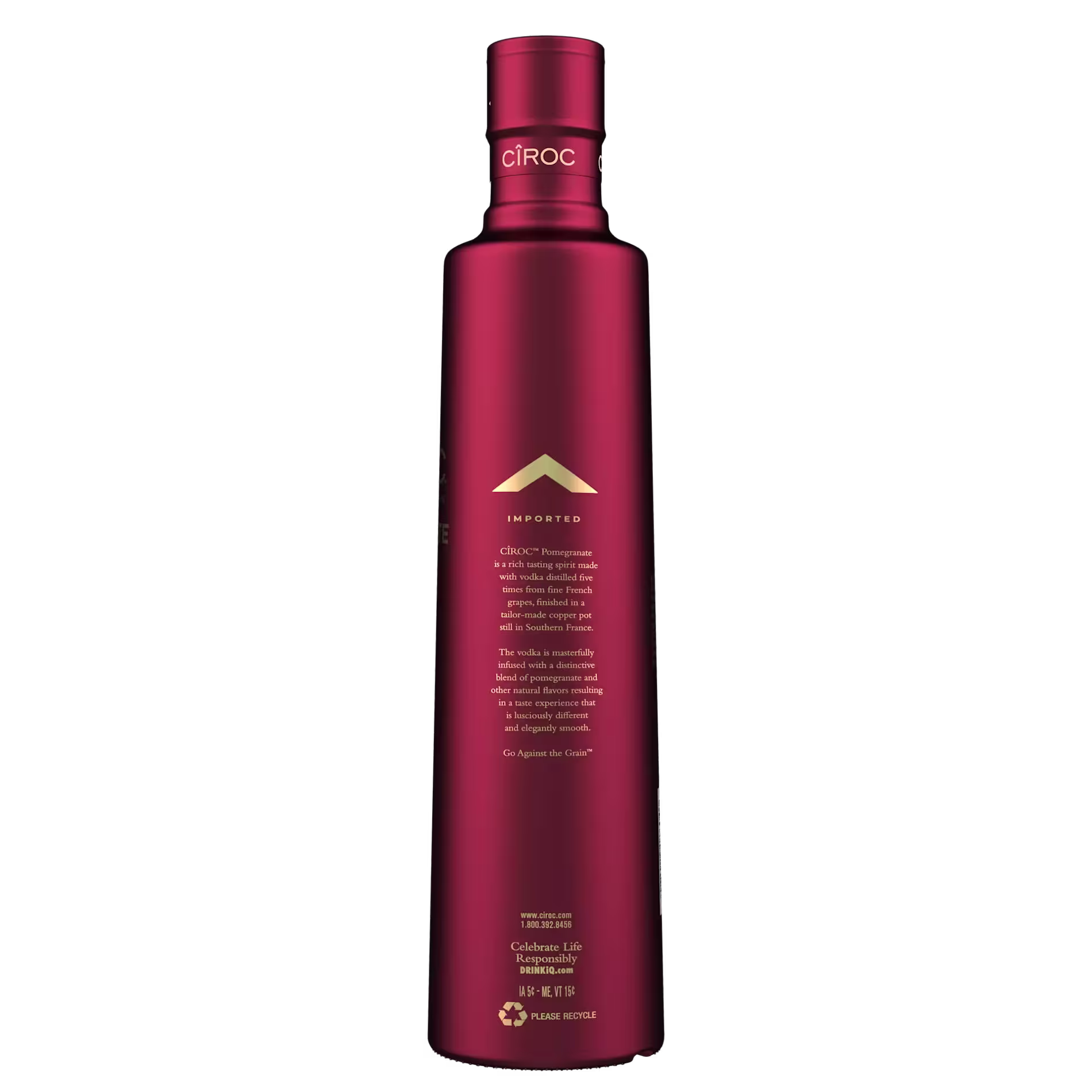 A tall, red bottle of Ciroc vodka with gold text and logo, displayed upright against a plain black background.