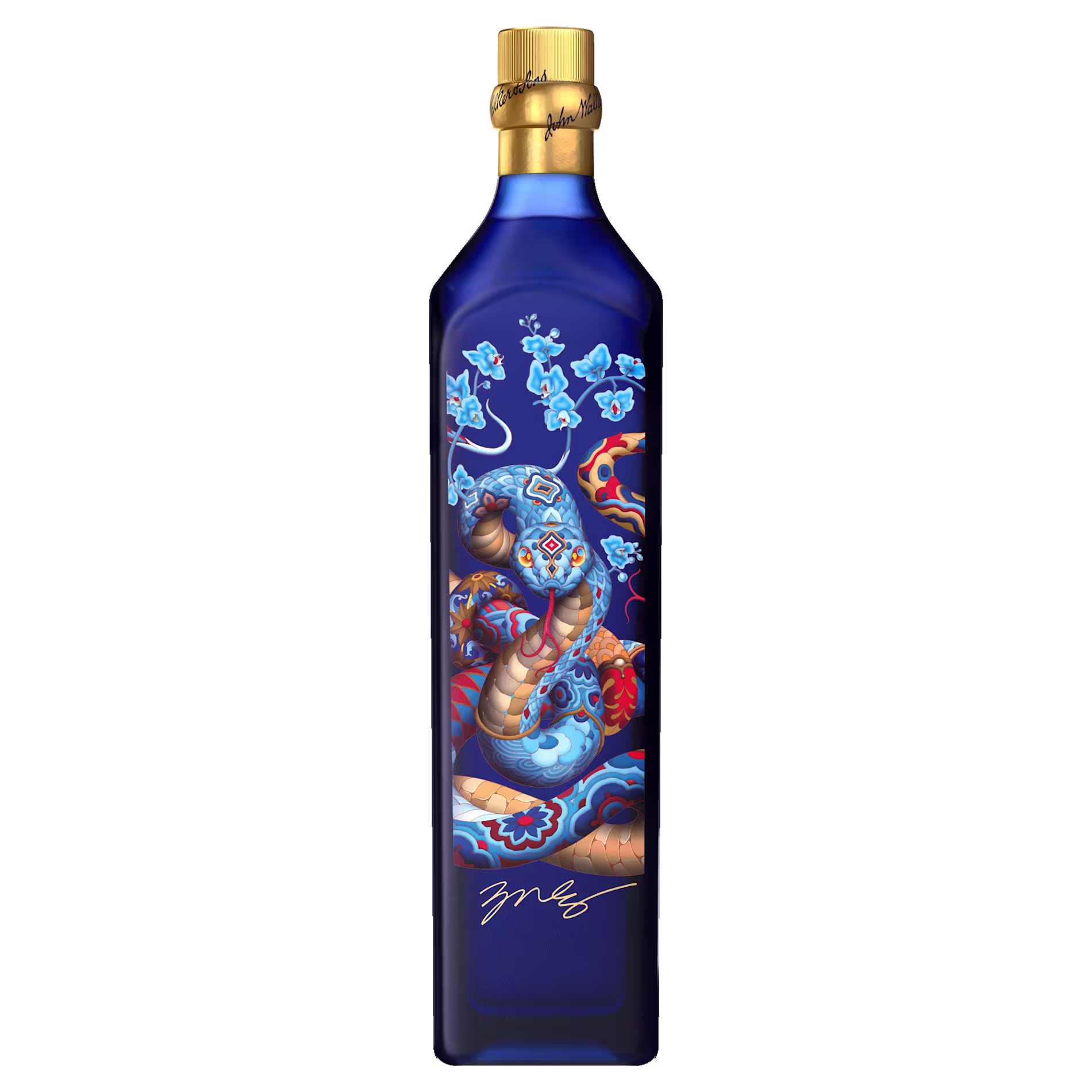 A blue bottle with intricate, colorful artwork featuring a snake and flowers, gold cap, and a signature near the bottom.