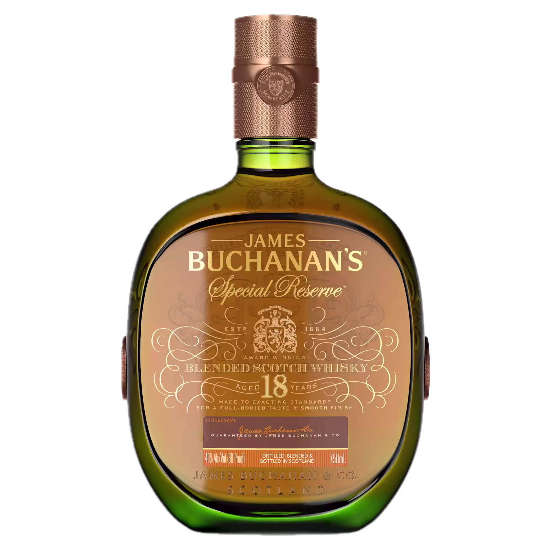 A bottle of James Buchanan’s Special Reserve 18-year-old blended Scotch whisky with a gold label and brown cap.