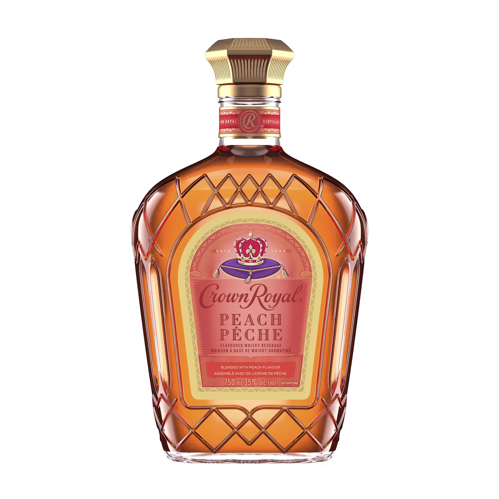 A 750ml bottle of Crown Royal Peach whisky with a gold cap and a peach-colored label featuring the brand logo and product name.