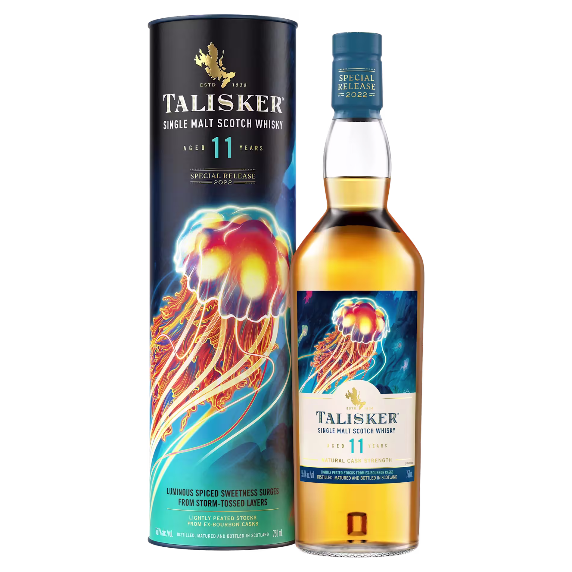 A bottle of Talisker 11 Year Old Single Malt Scotch Whisky stands next to its cylindrical box, both featuring a colorful jellyfish illustration and product labeling.