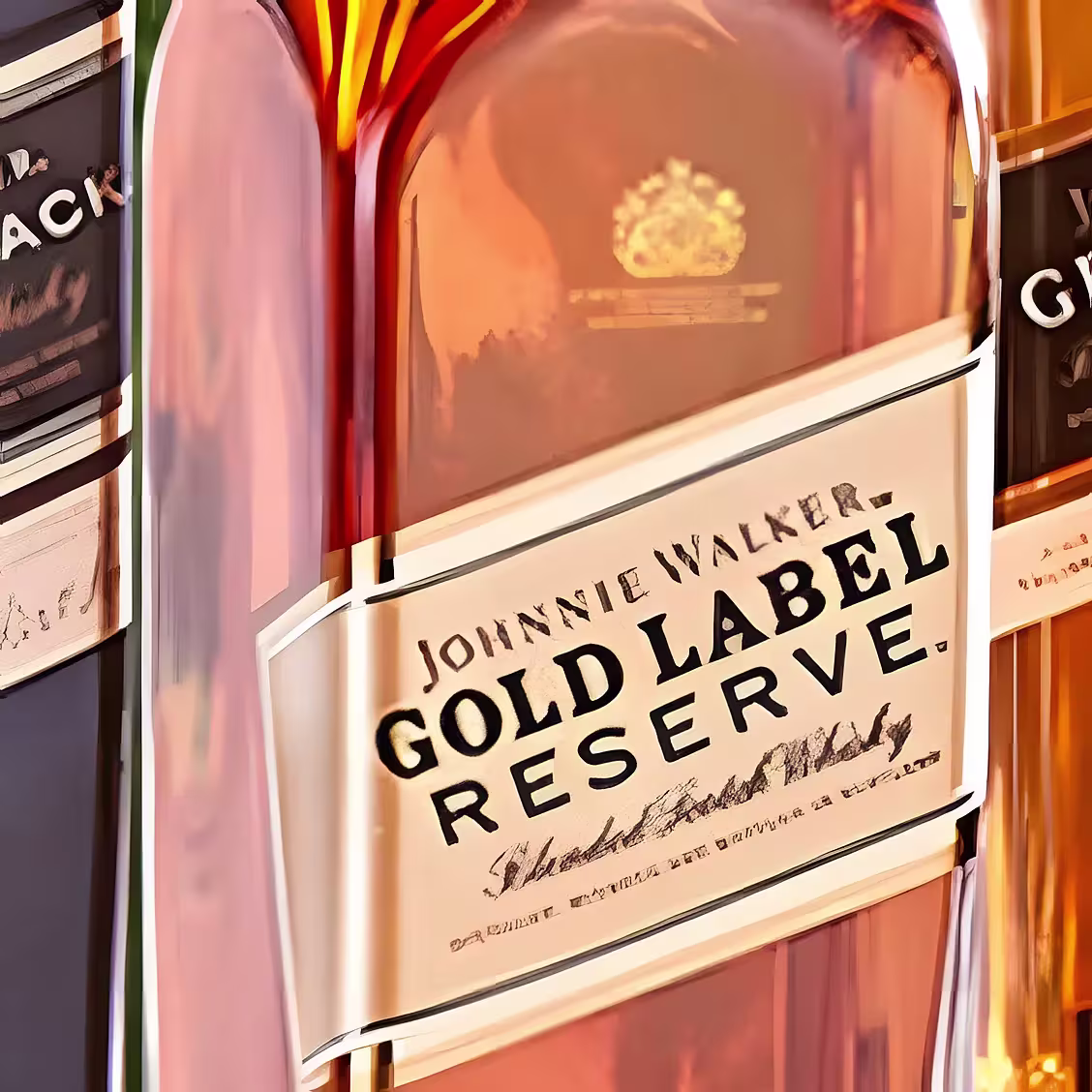 primer plano de la etiqueta johnnie walker gold label reserve junto a otras botellas