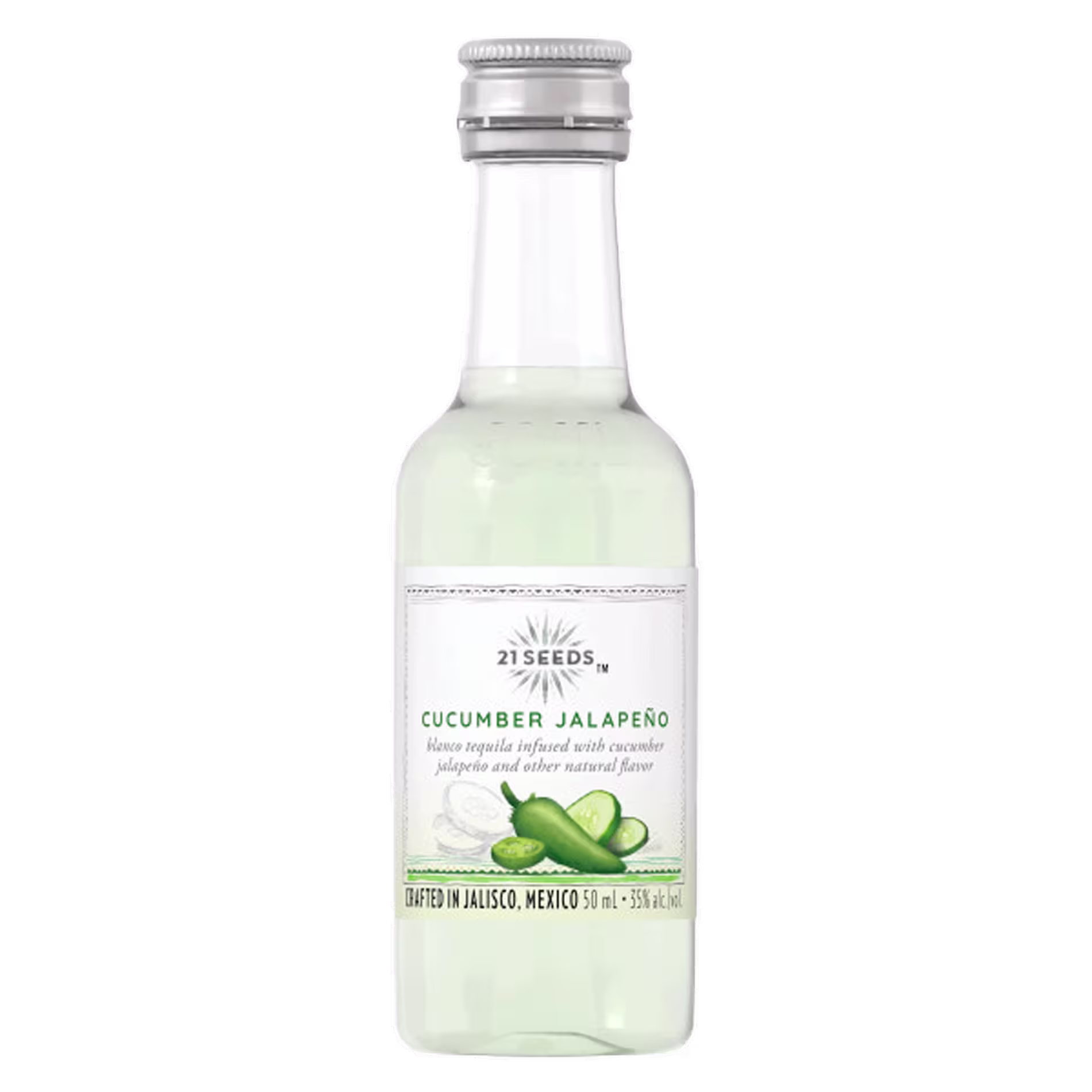A clear 50 ml bottle of 21 Seeds Cucumber Jalapeño tequila with a silver cap and a label showing cucumber and jalapeño slices.