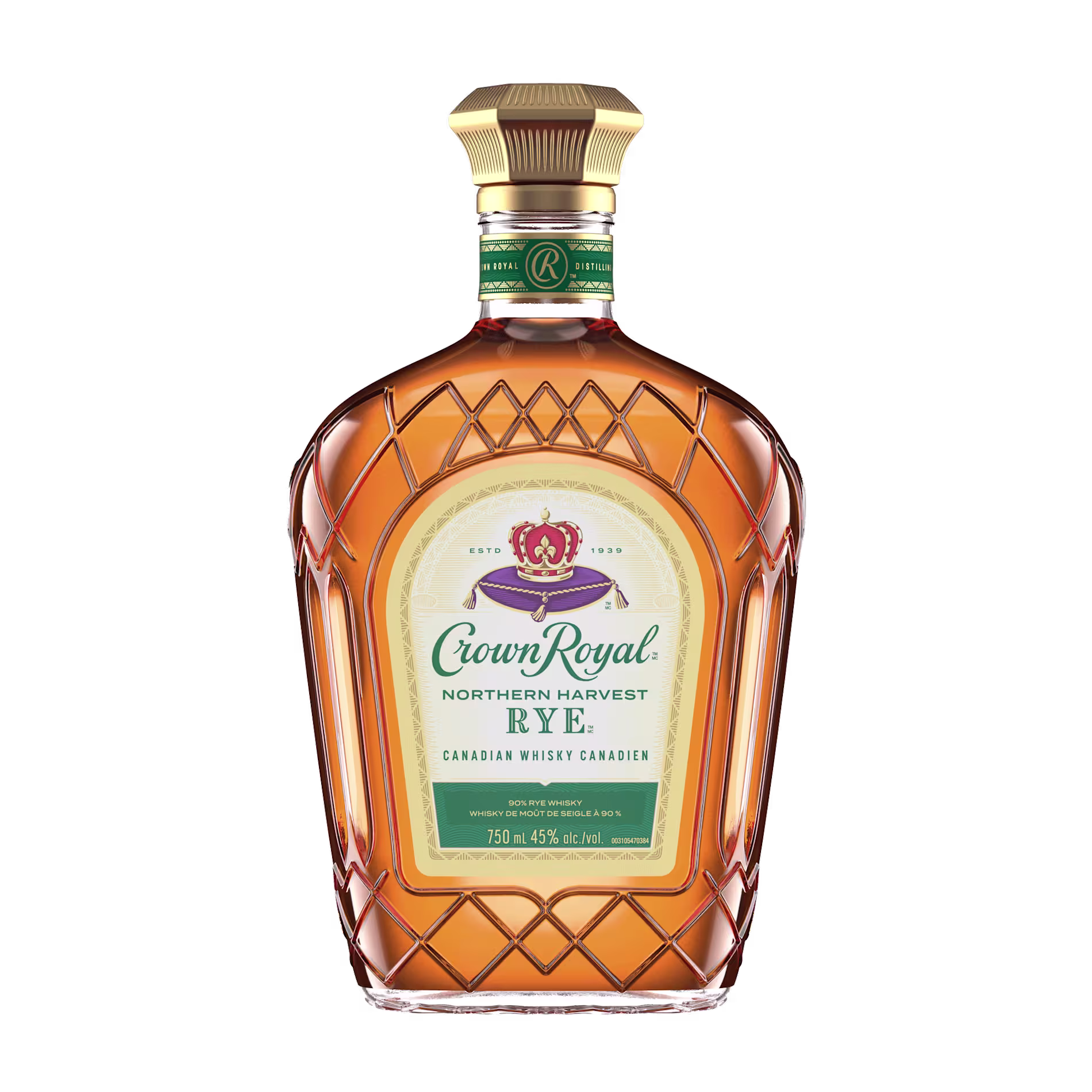 A bottle of Crown Royal Northern Harvest Rye Canadian whisky, 750 ml, with a green and gold label and a diamond-patterned glass design.