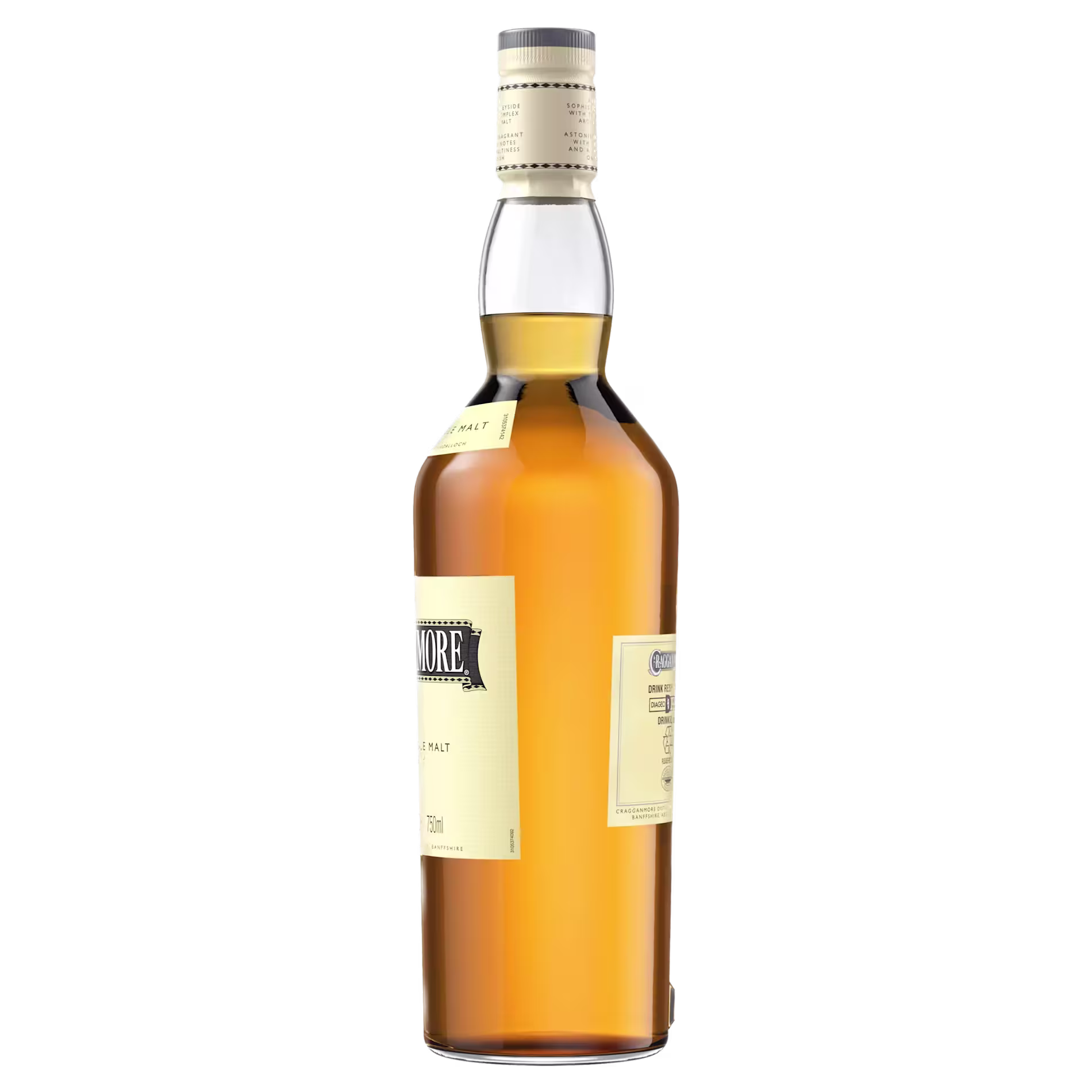 A clear glass bottle filled with amber-colored liquid, featuring a cream-colored label and a light cap, shown against a plain black background.