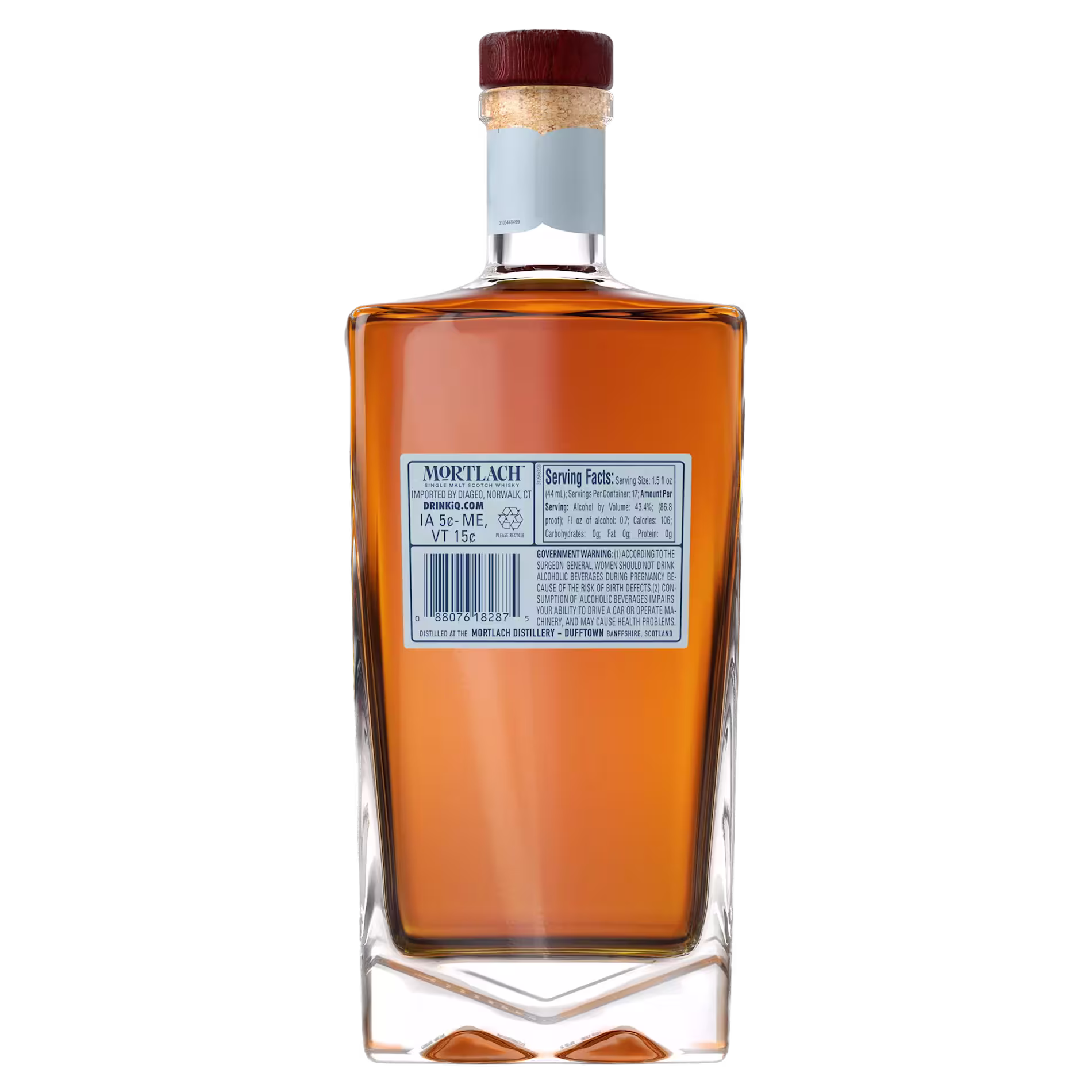 A bottle of Mortlach single malt scotch whisky shown from the back, displaying a label with serving facts and a cork stopper on top.