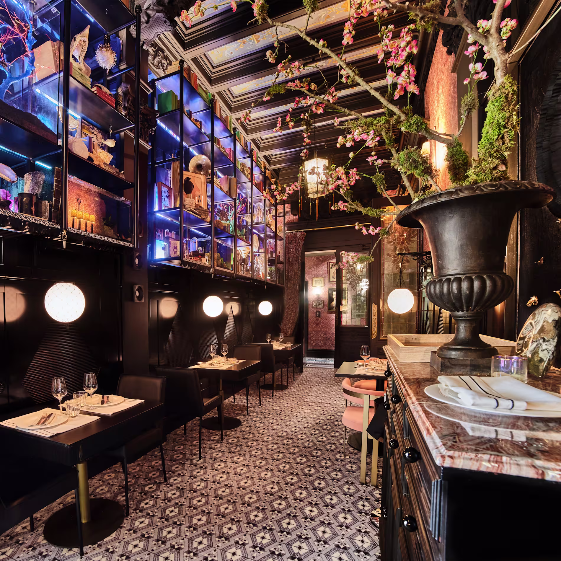 La imagen muestra el interior de Torcuato, un restaurante decorado con estanterías iluminadas llenas de objetos artísticos y un árbol de flores artificiales que añade un toque de fantasía