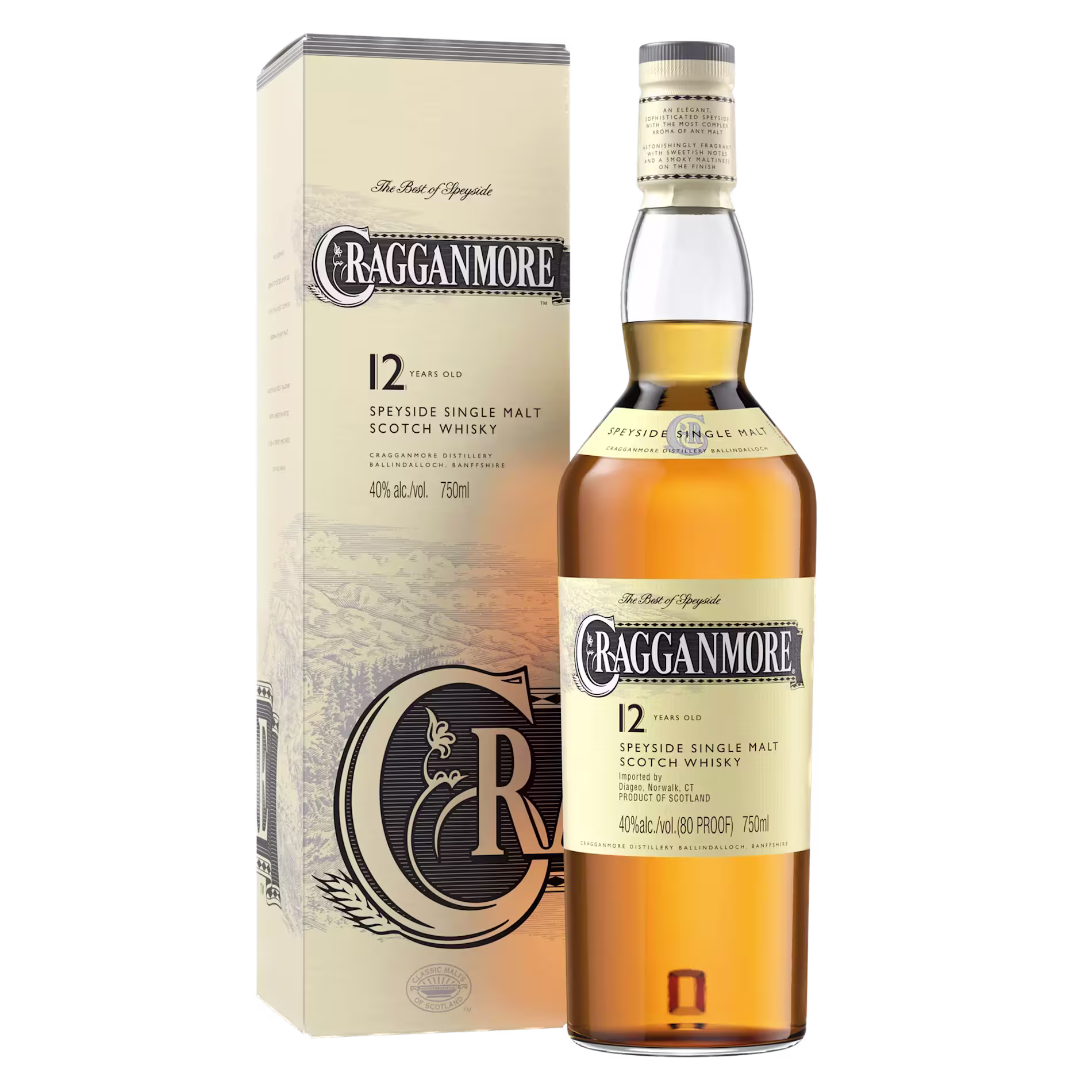 A bottle of Cragganmore 12 Year Old Speyside Single Malt Scotch Whisky stands next to its matching packaging box, both featuring beige labels and black text.