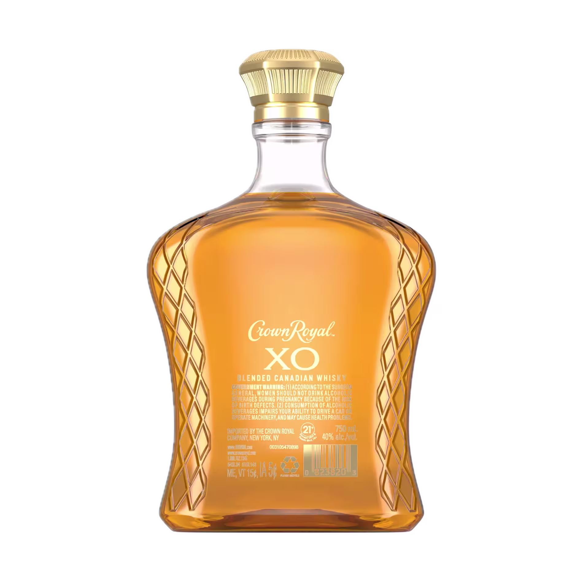 A bottle of Crown Royal XO Blended Canadian Whisky with gold accents and clear labeling, containing amber-colored whisky.